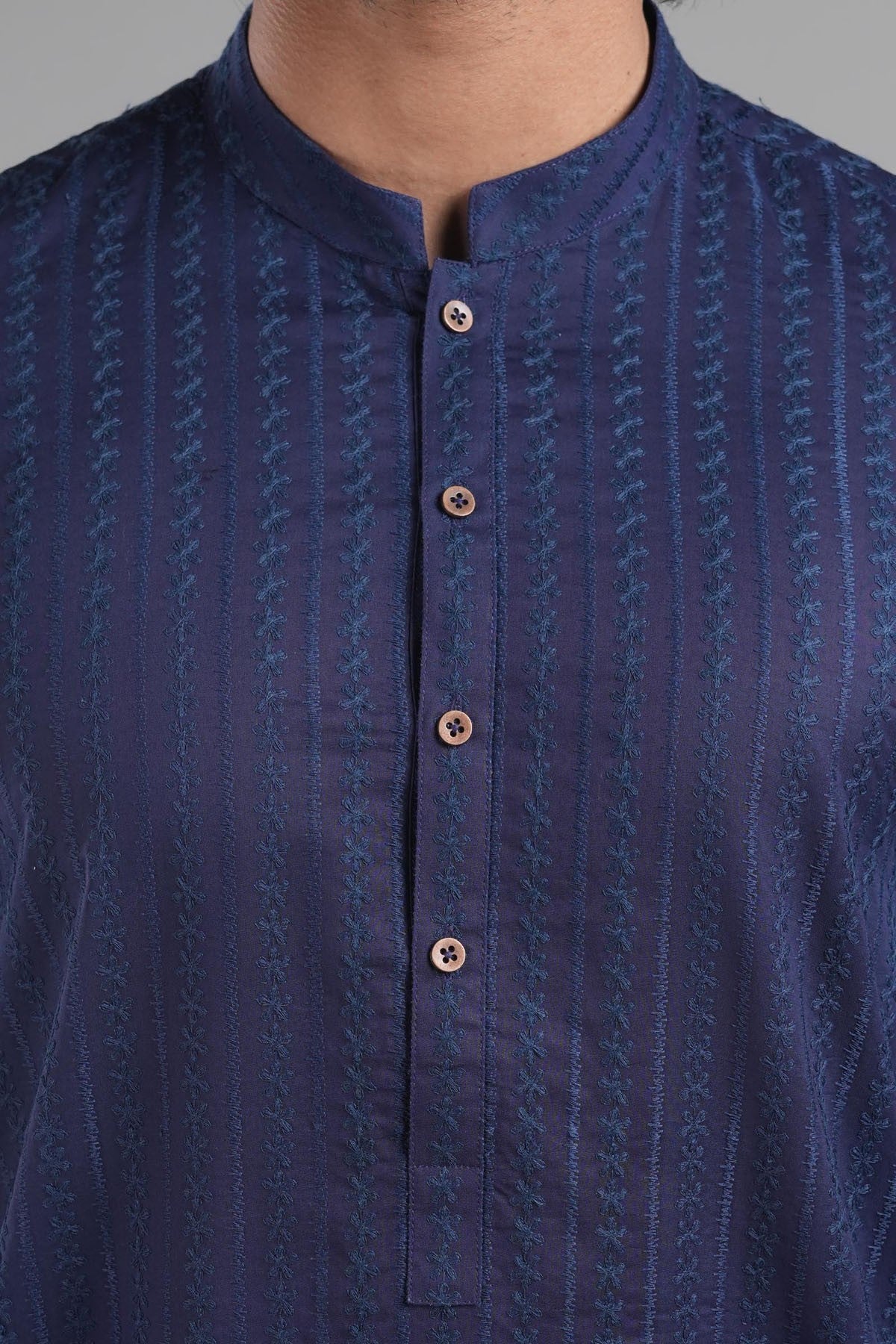 Navy Blue Embroidered Egyptian Cotton Kurta (2-Piece) - Image 2