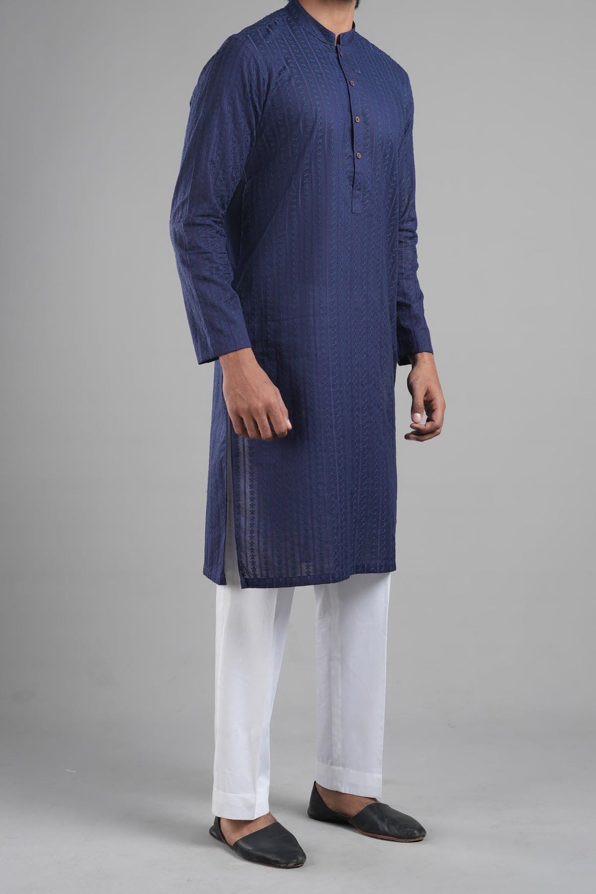 Navy Blue Embroidered Egyptian Cotton Kurta (2-Piece) - Image 3