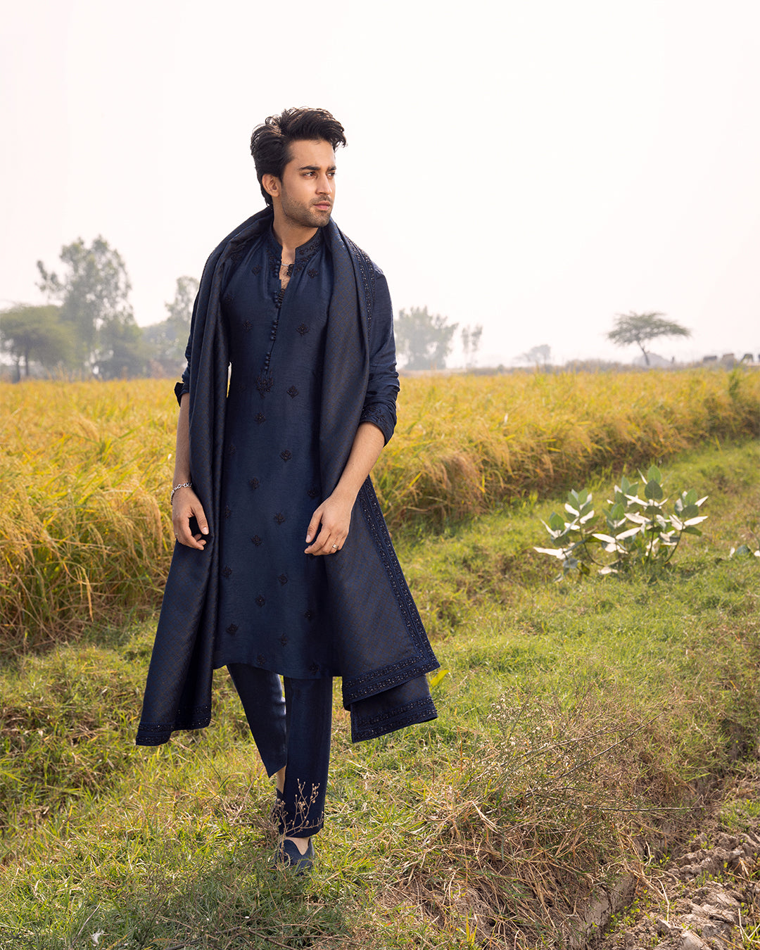 Navy Embroidered Korean Raw Silk Kurta Set (3-Piece) - Image 2