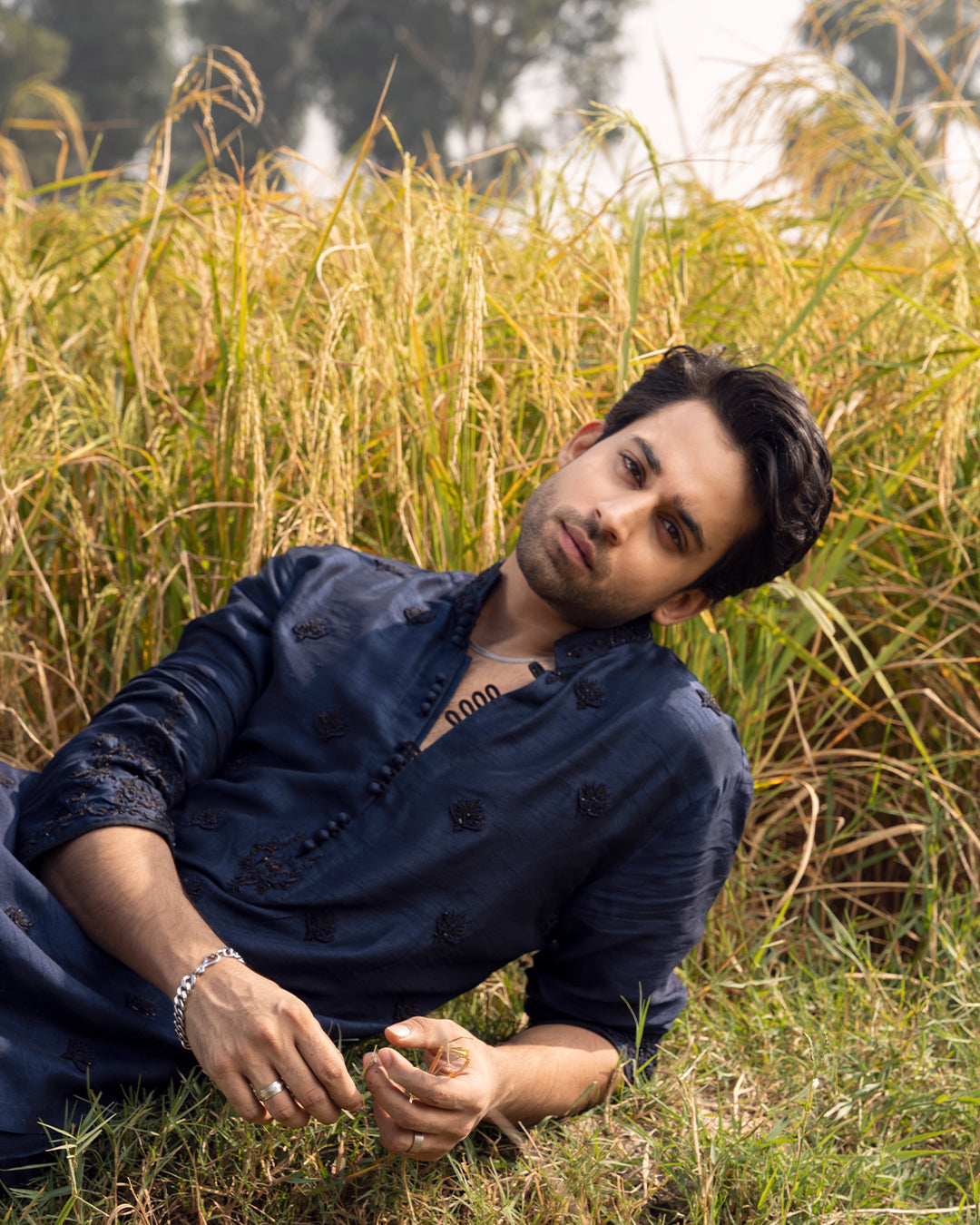 Navy Embroidered Korean Raw Silk Kurta Set (3-Piece) - Image 4