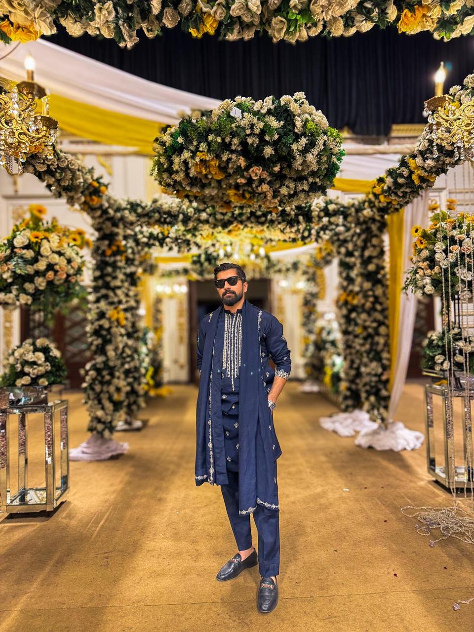 Navy Blue Embroidered Raw Silk Kurta Pajama (3-Piece) - Image 1