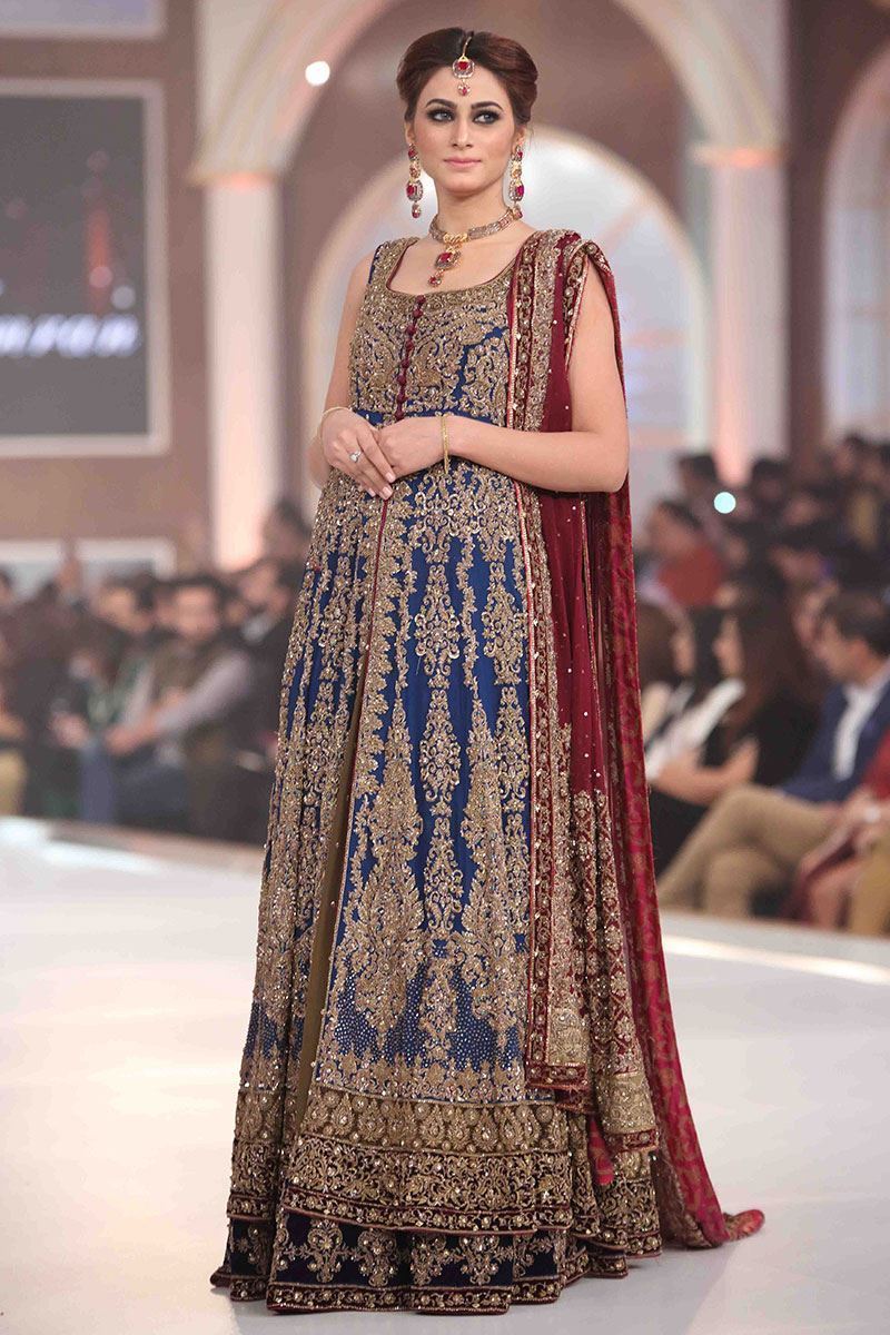 Pakistani Navy Blue Embroidered Heavy Chiffon Lehenga (3-Piece) - Image 1