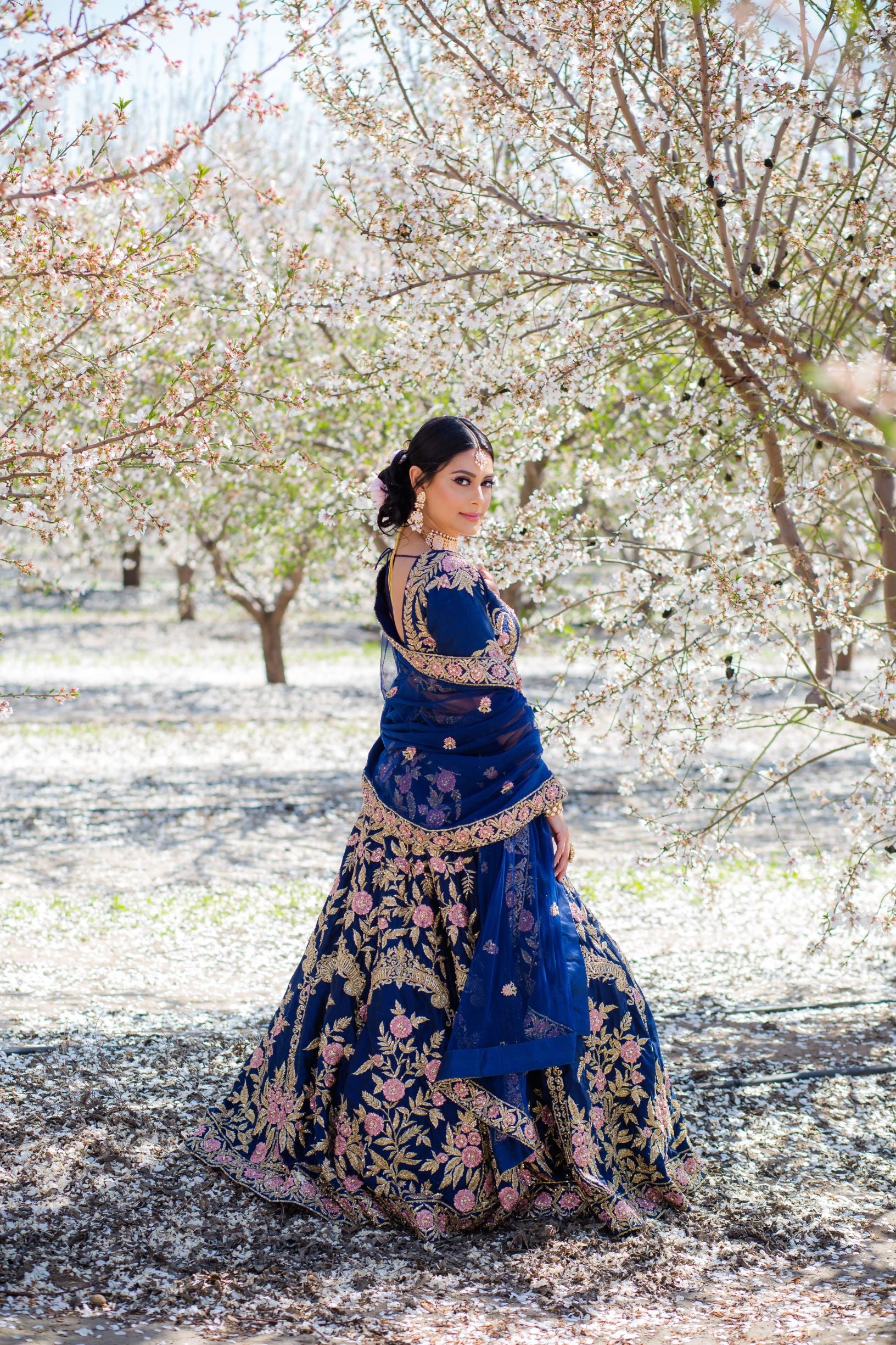 Navy Blue Embroidered Dupion Silk Lehenga Choli (3-Piece) - Image 10