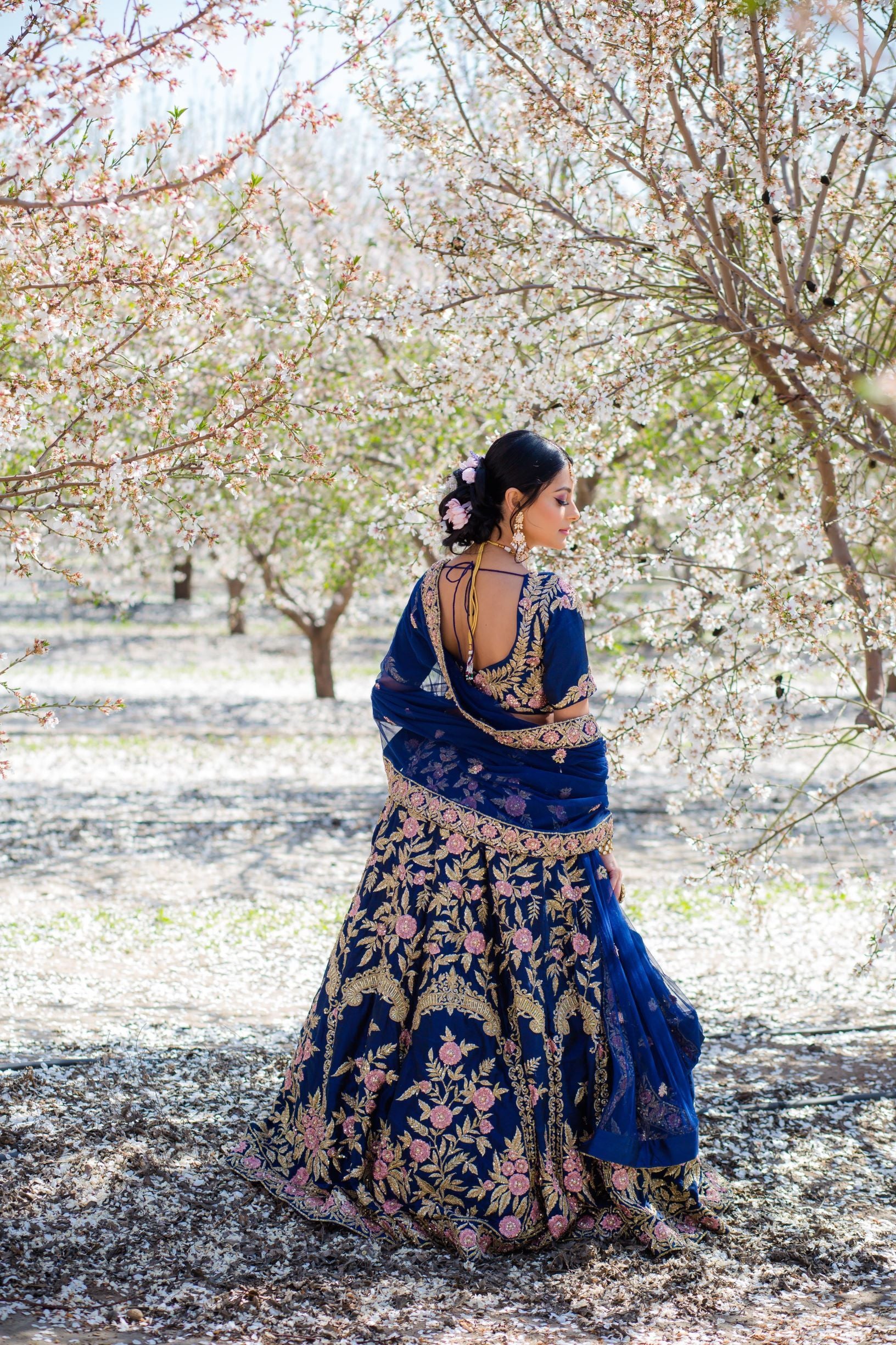 Navy Blue Embroidered Dupion Silk Lehenga Choli (3-Piece) - Image 11