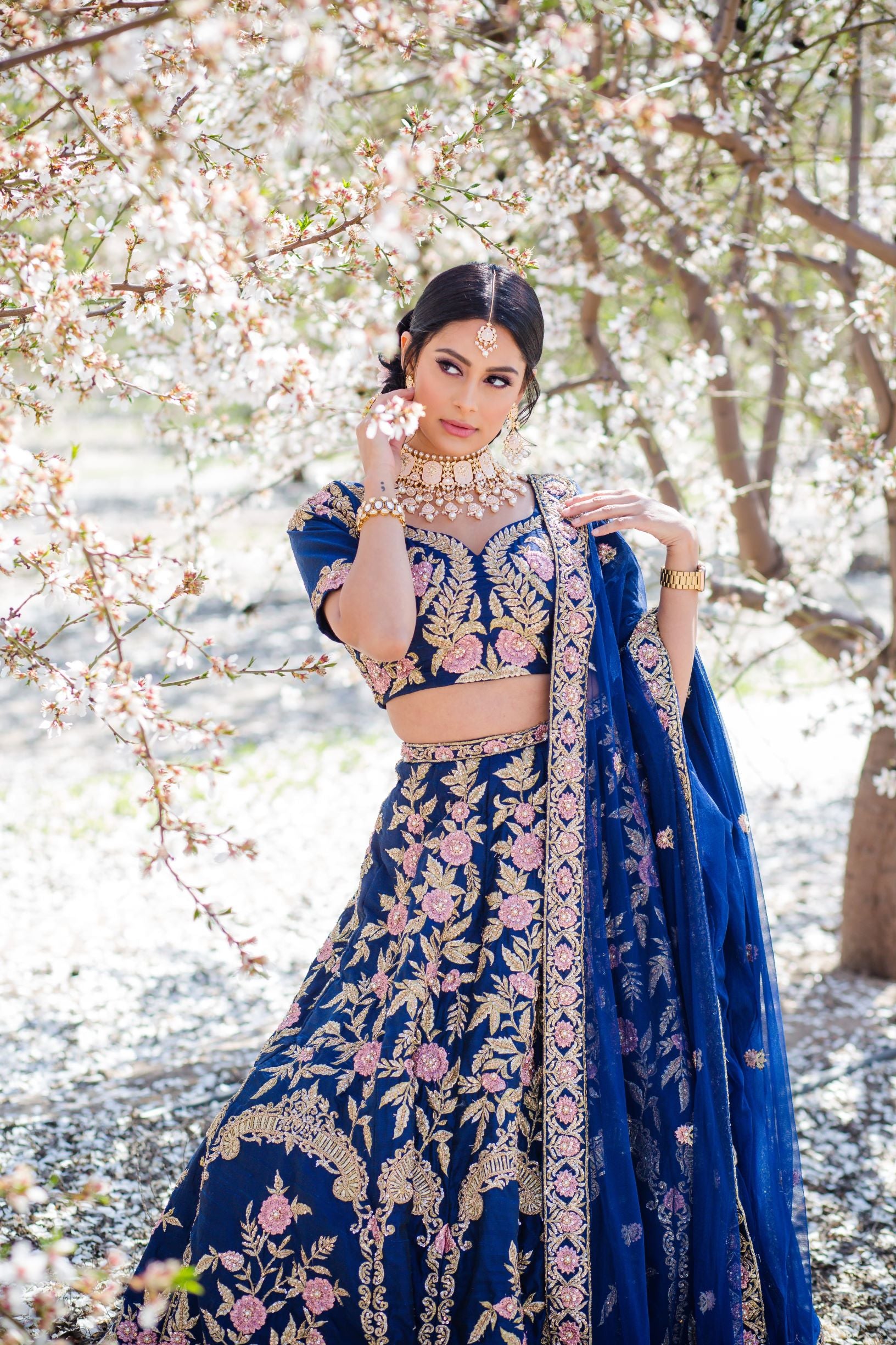 Navy Blue Embroidered Dupion Silk Lehenga Choli (3-Piece) - Image 2