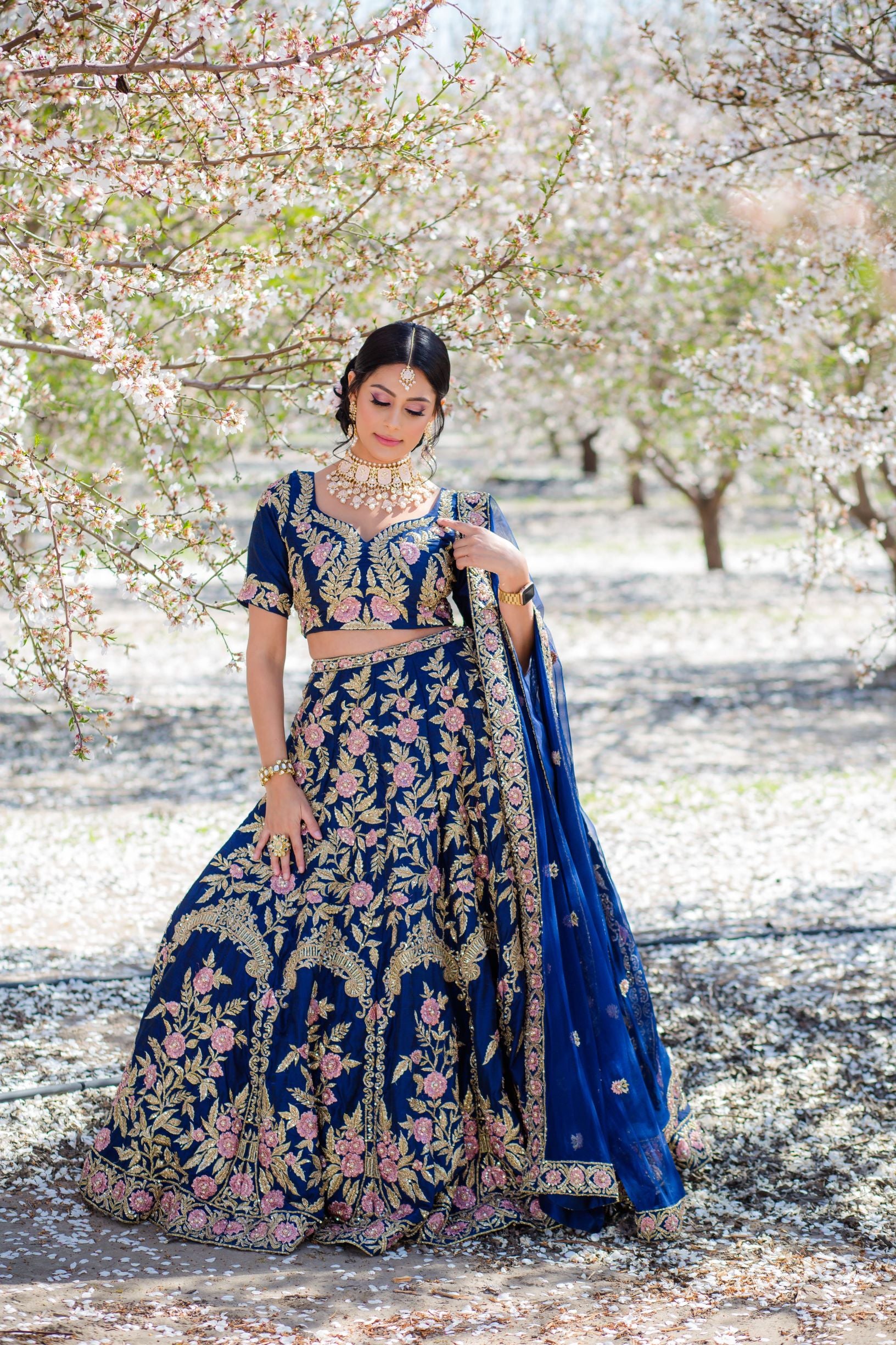 Navy Blue Embroidered Dupion Silk Lehenga Choli (3-Piece) - Image 4