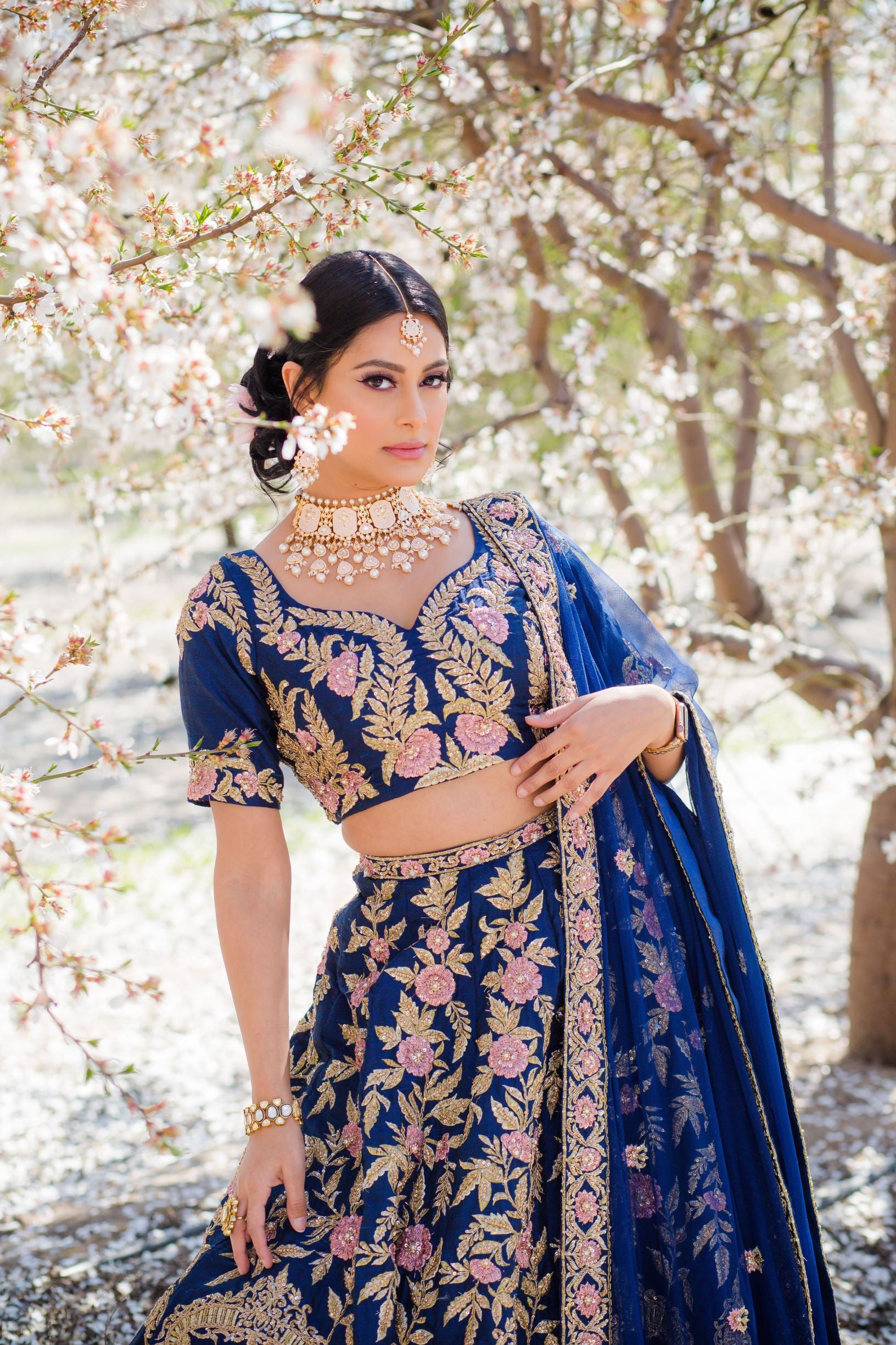 Navy Blue Embroidered Dupion Silk Lehenga Choli (3-Piece) - Image 6