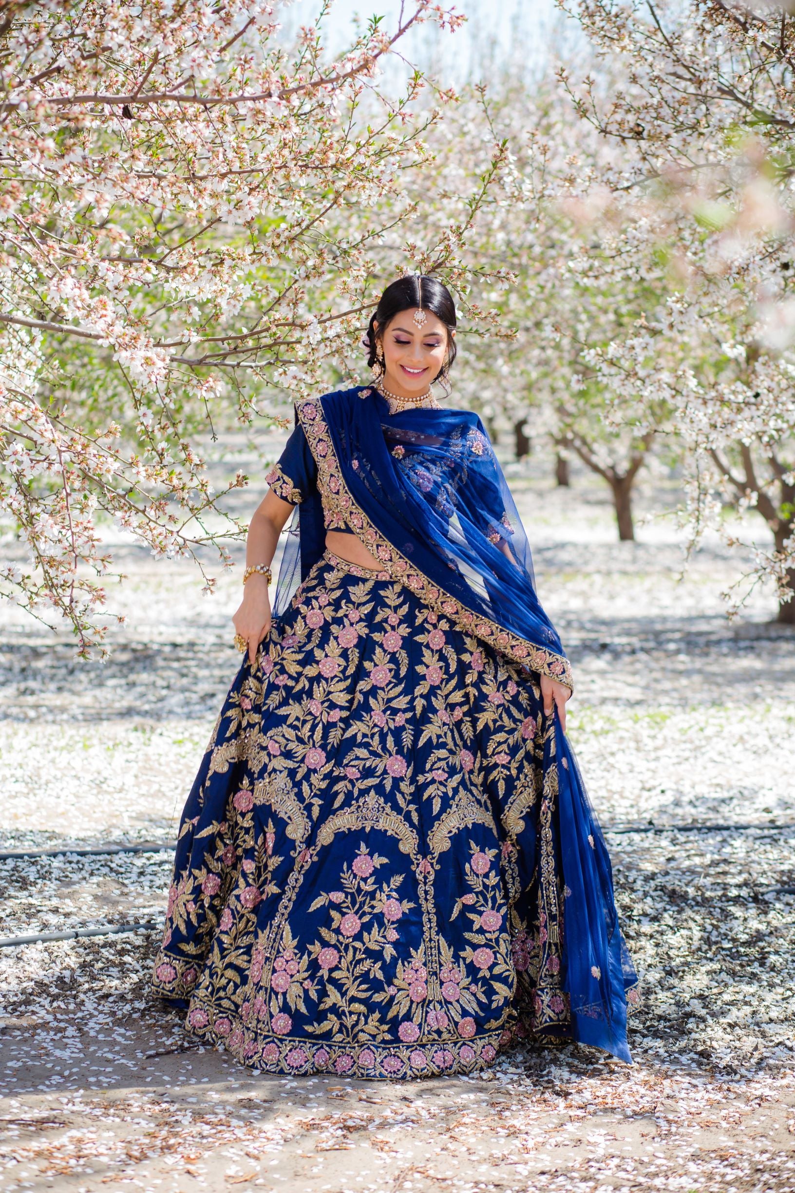 Navy Blue Embroidered Dupion Silk Lehenga Choli (3-Piece) - Image 8