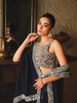 Navy Blue Zardozi Georgette Chiffon Lehenga (3-Piece) - Image 1
