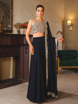 Navy Blue Zardozi Georgette Chiffon Lehenga (3-Piece) - Image 3