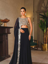 Navy Blue Zardozi Georgette Chiffon Lehenga (3-Piece) - Image 5