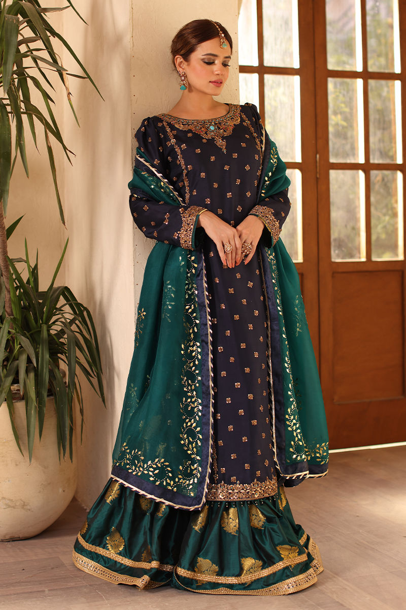 Pakistani Navy Blue Gold Embroidered Raw Silk Lehenga (3-Piece) - Image 1