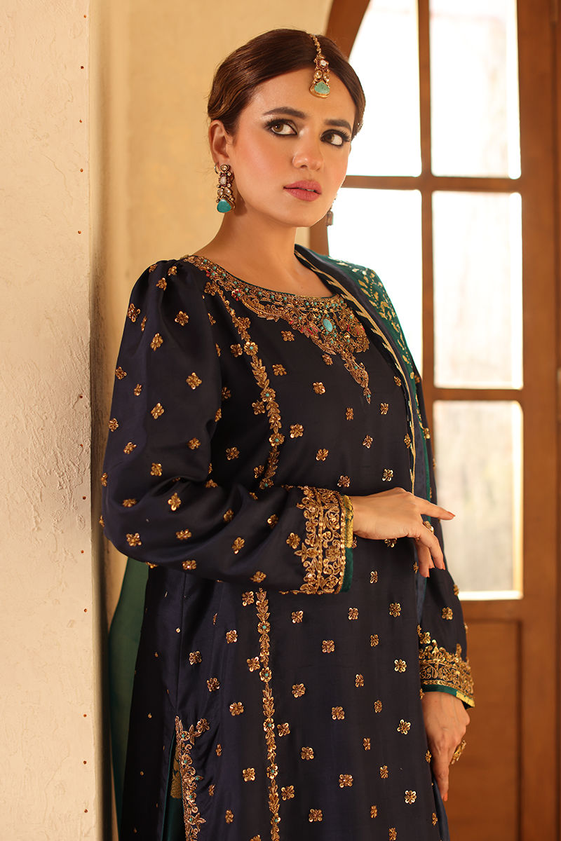 Pakistani Navy Blue Gold Embroidered Raw Silk Lehenga (3-Piece) - Image 2