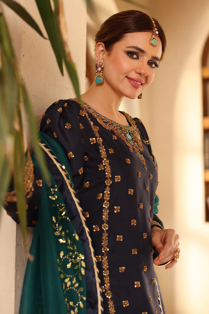 Pakistani Navy Blue Gold Embroidered Raw Silk Lehenga (3-Piece) - Image 4