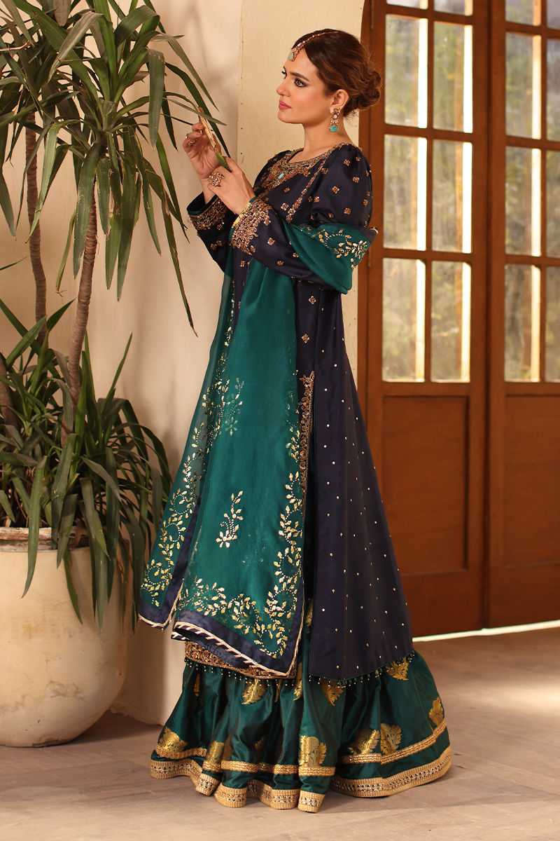 Pakistani Navy Blue Gold Embroidered Raw Silk Lehenga (3-Piece) - Image 5