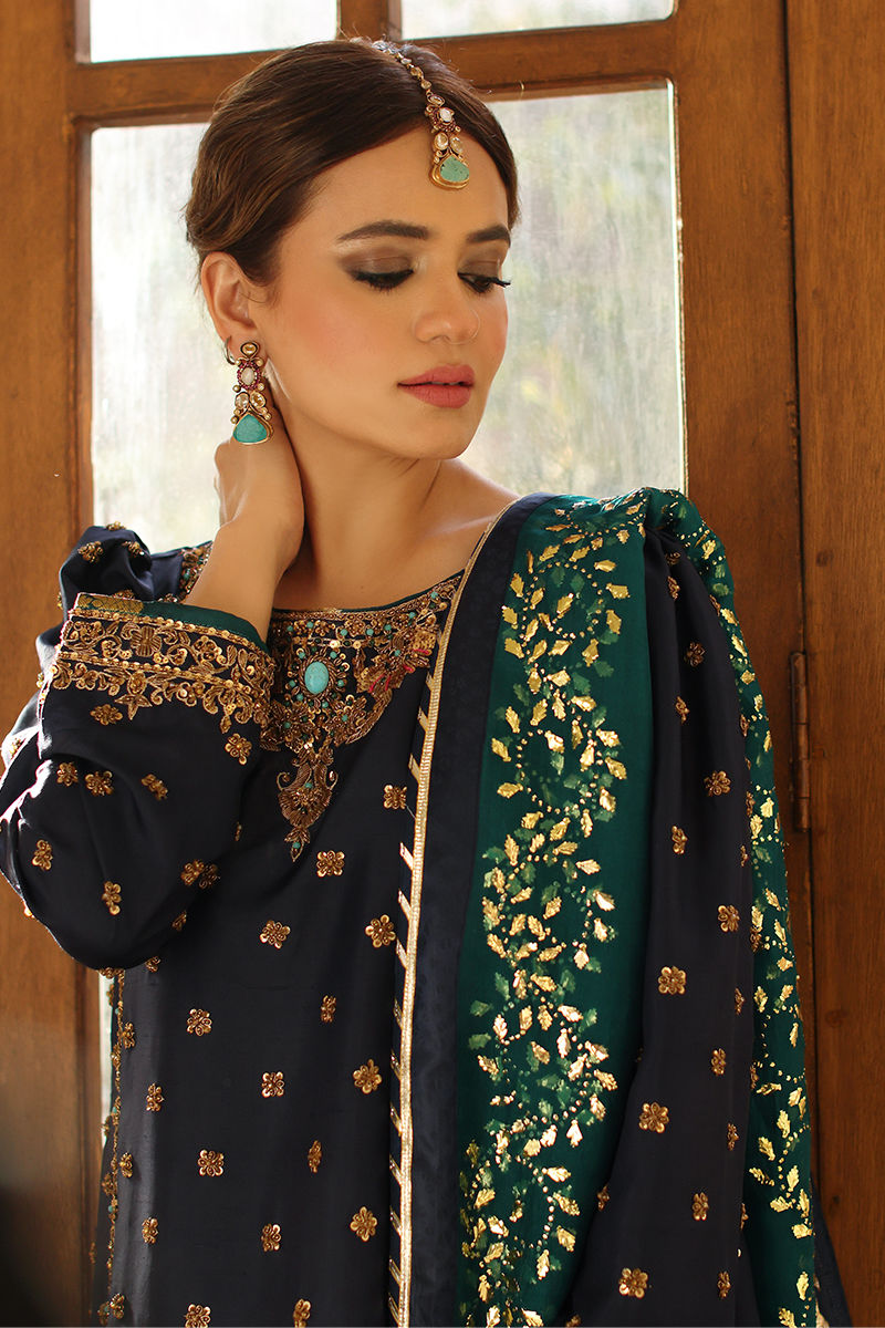 Pakistani Navy Blue Gold Embroidered Raw Silk Lehenga (3-Piece) - Image 6