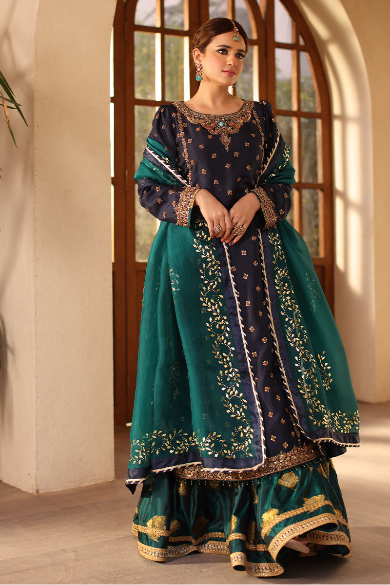 Pakistani Navy Blue Gold Embroidered Raw Silk Lehenga (3-Piece) - Image 7
