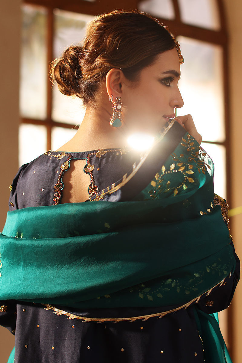 Pakistani Navy Blue Gold Embroidered Raw Silk Lehenga (3-Piece) - Image 8