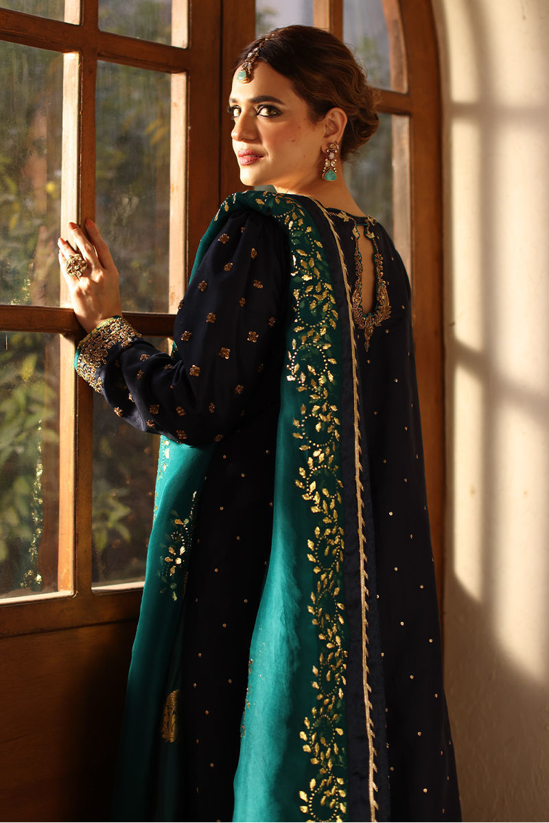 Pakistani Navy Blue Gold Embroidered Raw Silk Lehenga (3-Piece) - Image 9