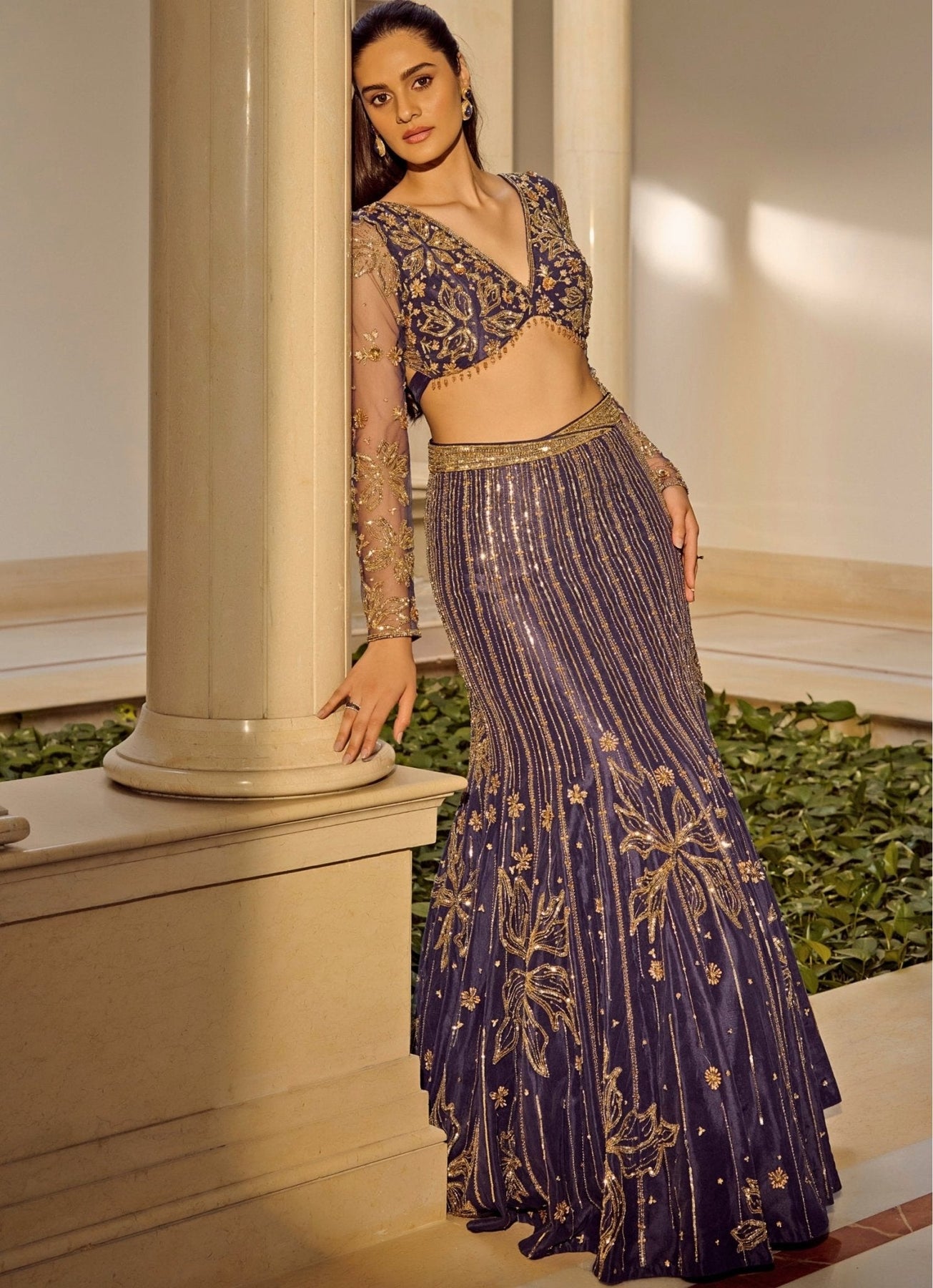 Pakistani Navy Blue Embroidered Mesh Mermaid Lehenga (3-Piece) - Image 2