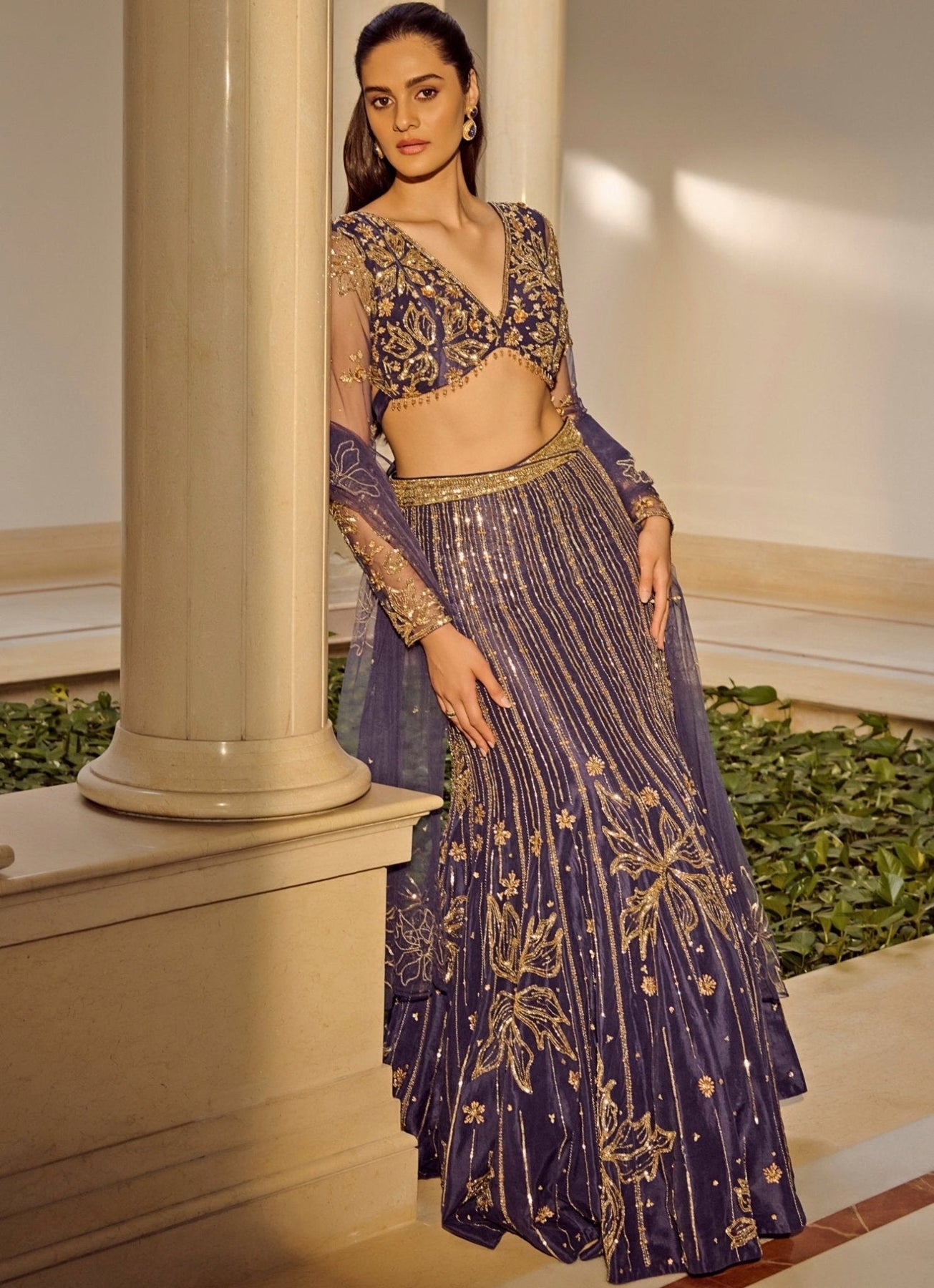 Pakistani Navy Blue Embroidered Mesh Mermaid Lehenga (3-Piece) - Image 5