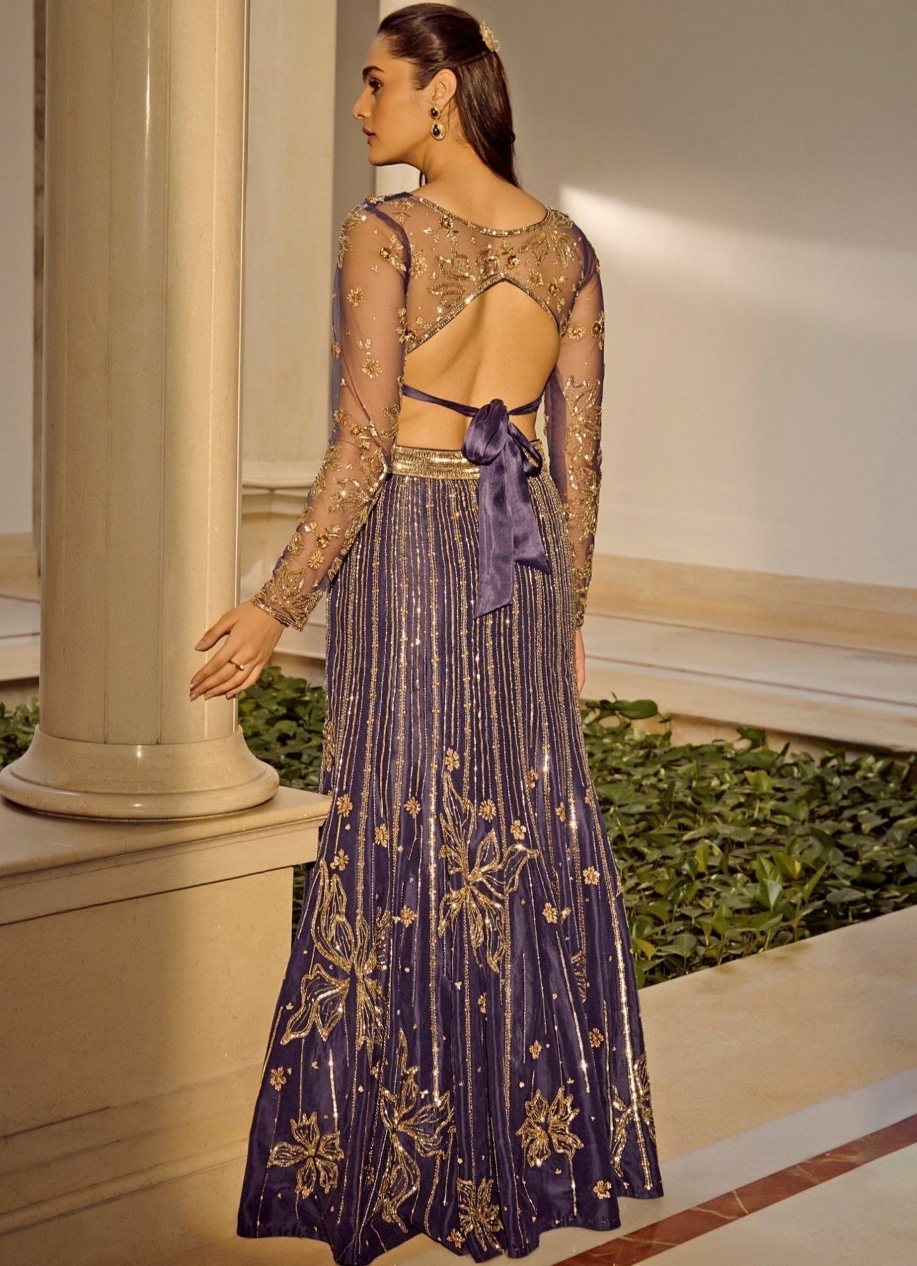 Pakistani Navy Blue Embroidered Mesh Mermaid Lehenga (3-Piece) - Image 6