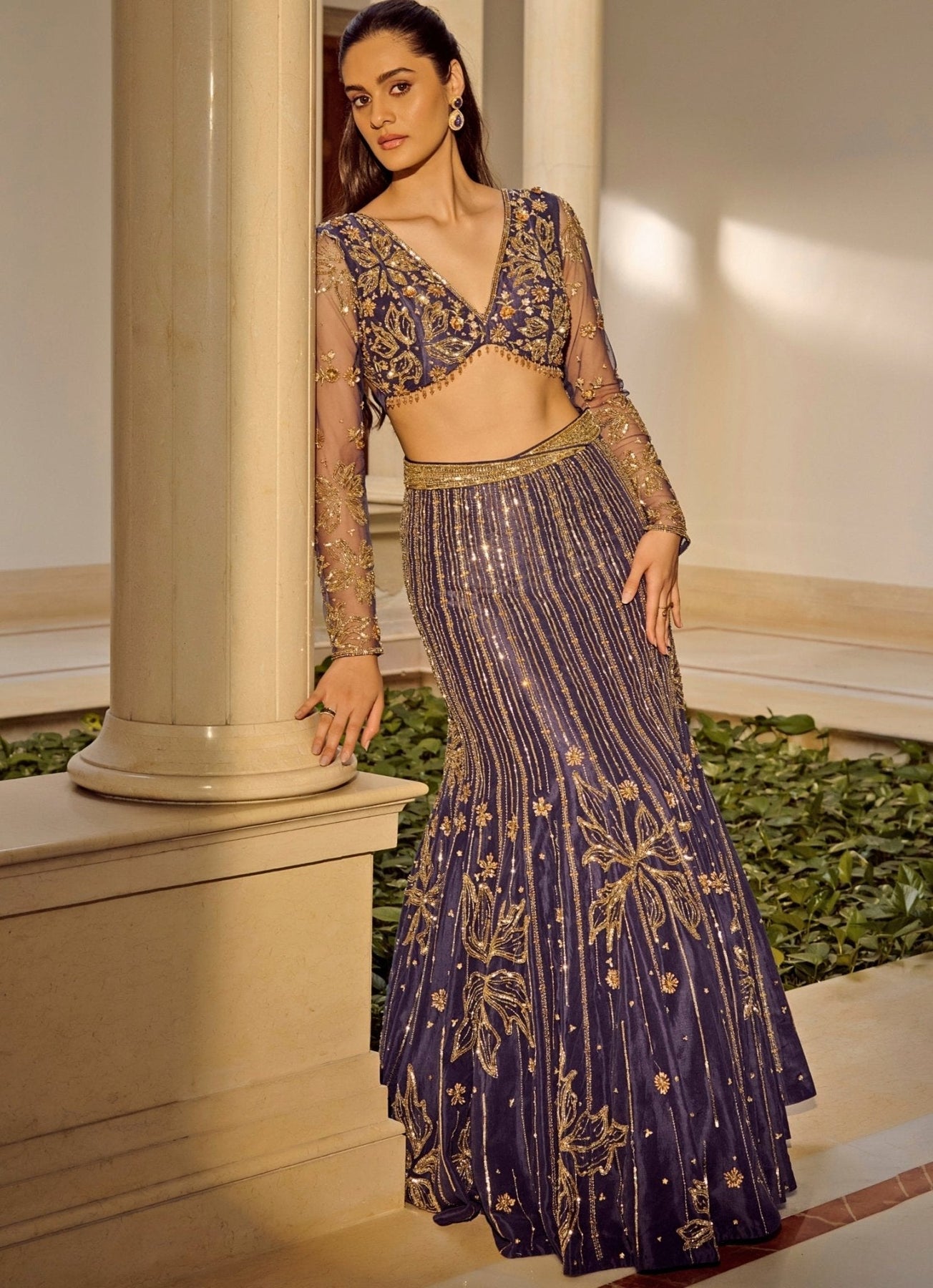 Pakistani Navy Blue Embroidered Mesh Mermaid Lehenga (3-Piece) - Image 7