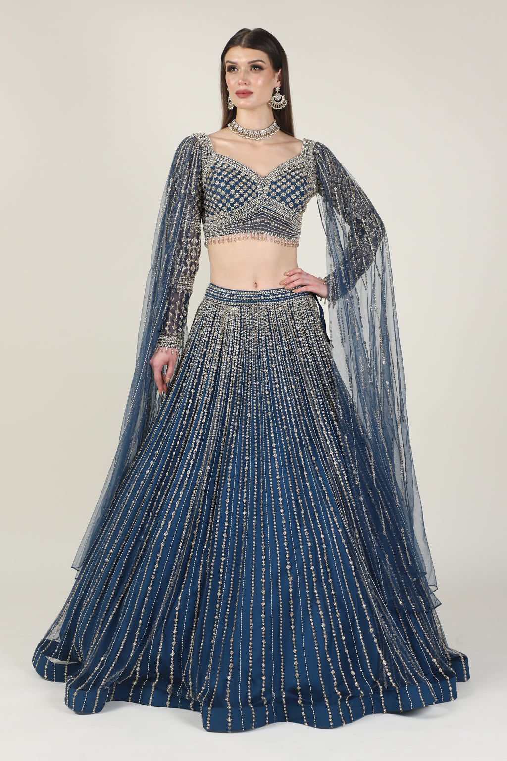 Navy Blue Embroidered Net Lehenga Set (2-Piece) - Image 1