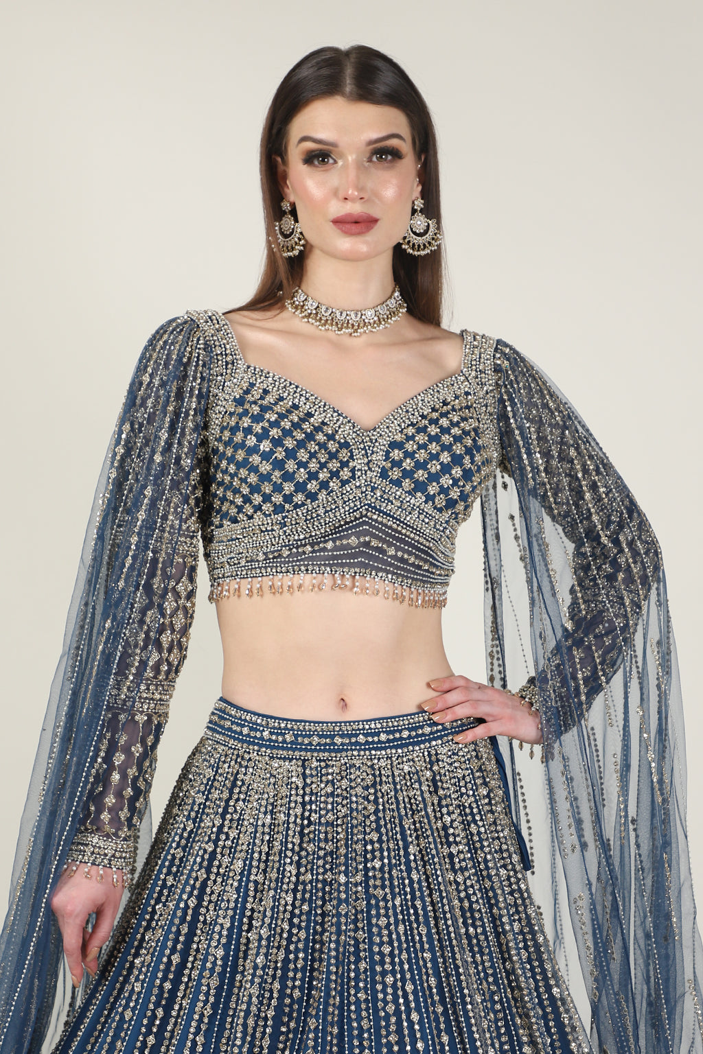 Navy Blue Embroidered Net Lehenga Set (2-Piece) - Image 2