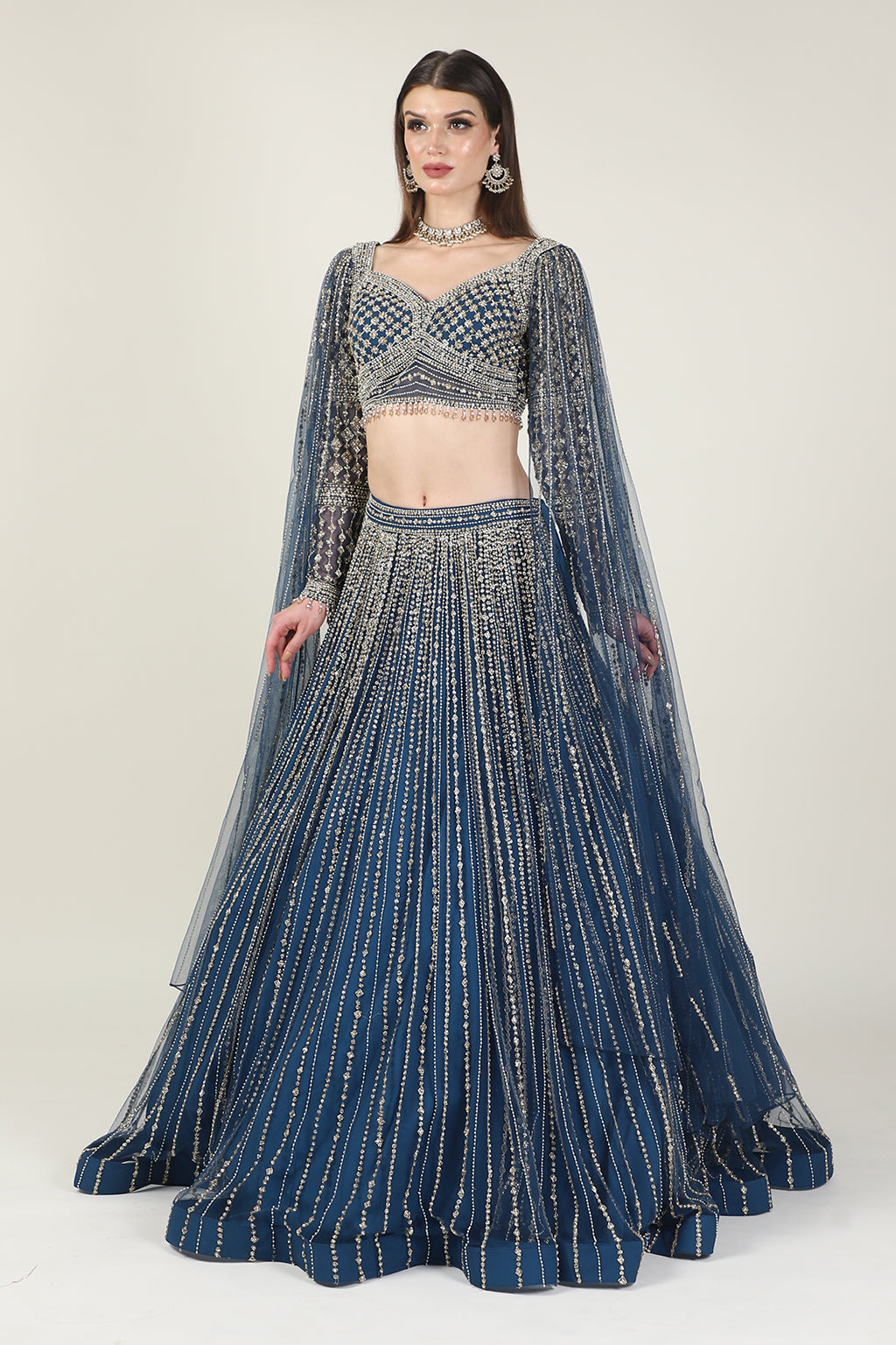 Navy Blue Embroidered Net Lehenga Set (2-Piece) - Image 4