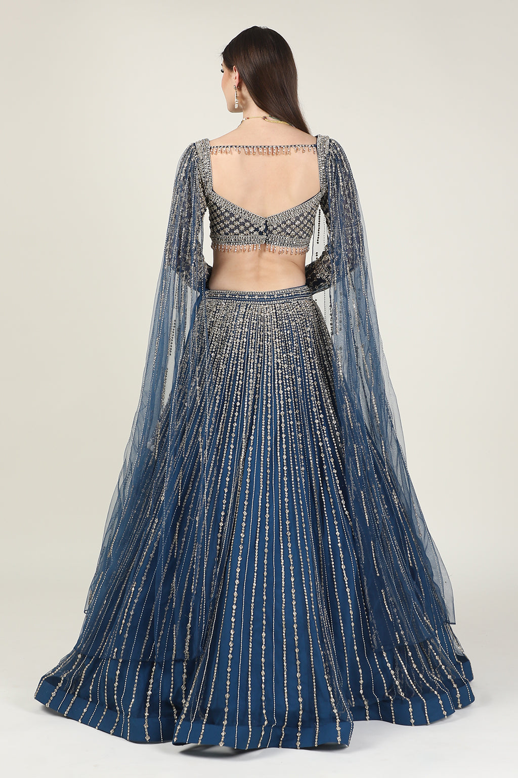 Navy Blue Embroidered Net Lehenga Set (2-Piece) - Image 5