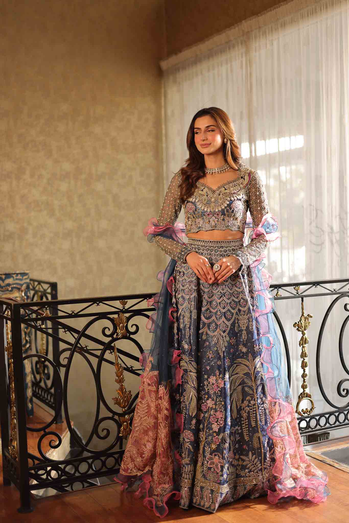 Navy Blue Embellished Net Lehenga Choli (3-Piece) - Image 3