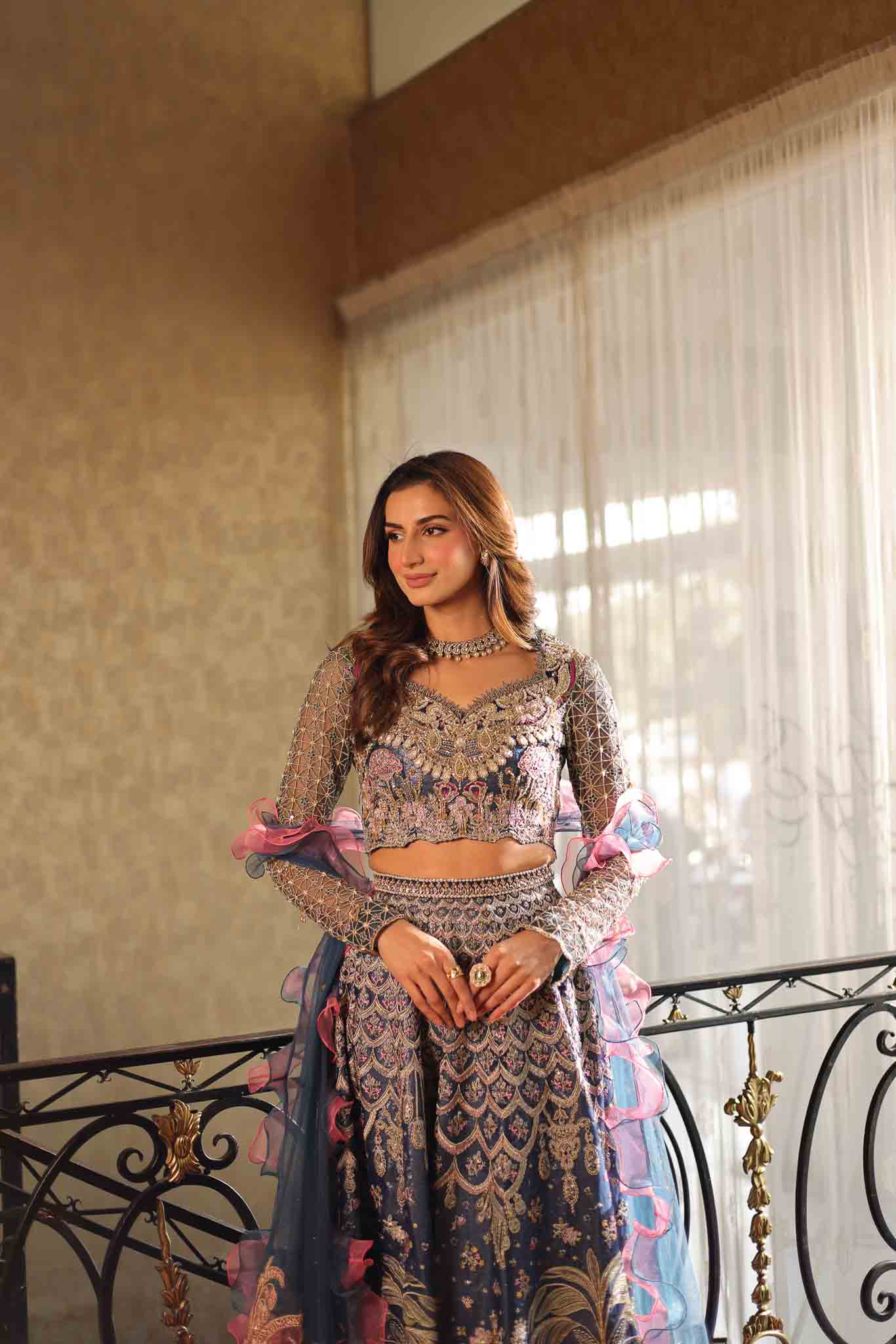 Navy Blue Embellished Net Lehenga Choli (3-Piece) - Image 4