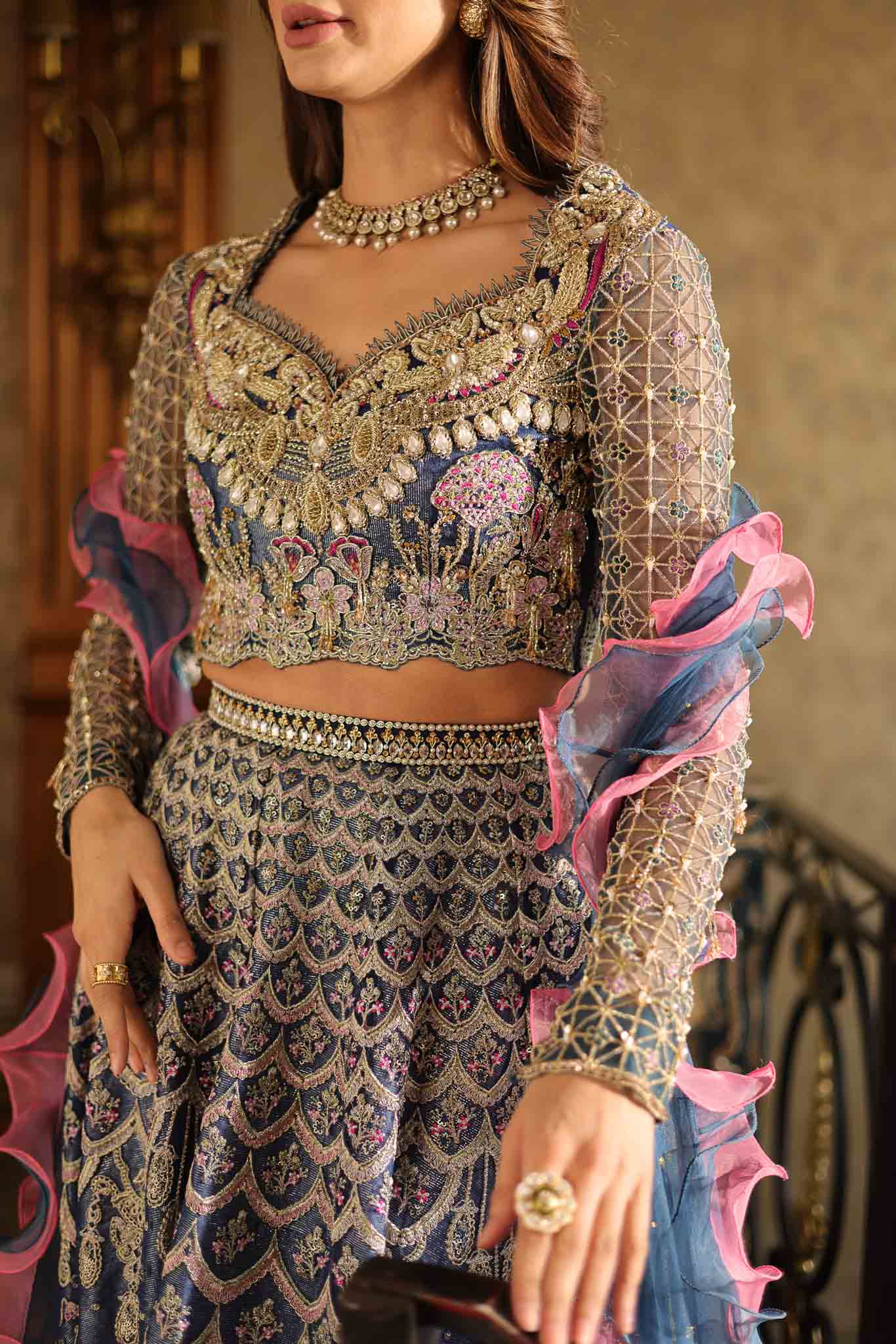 Navy Blue Embellished Net Lehenga Choli (3-Piece) - Image 8