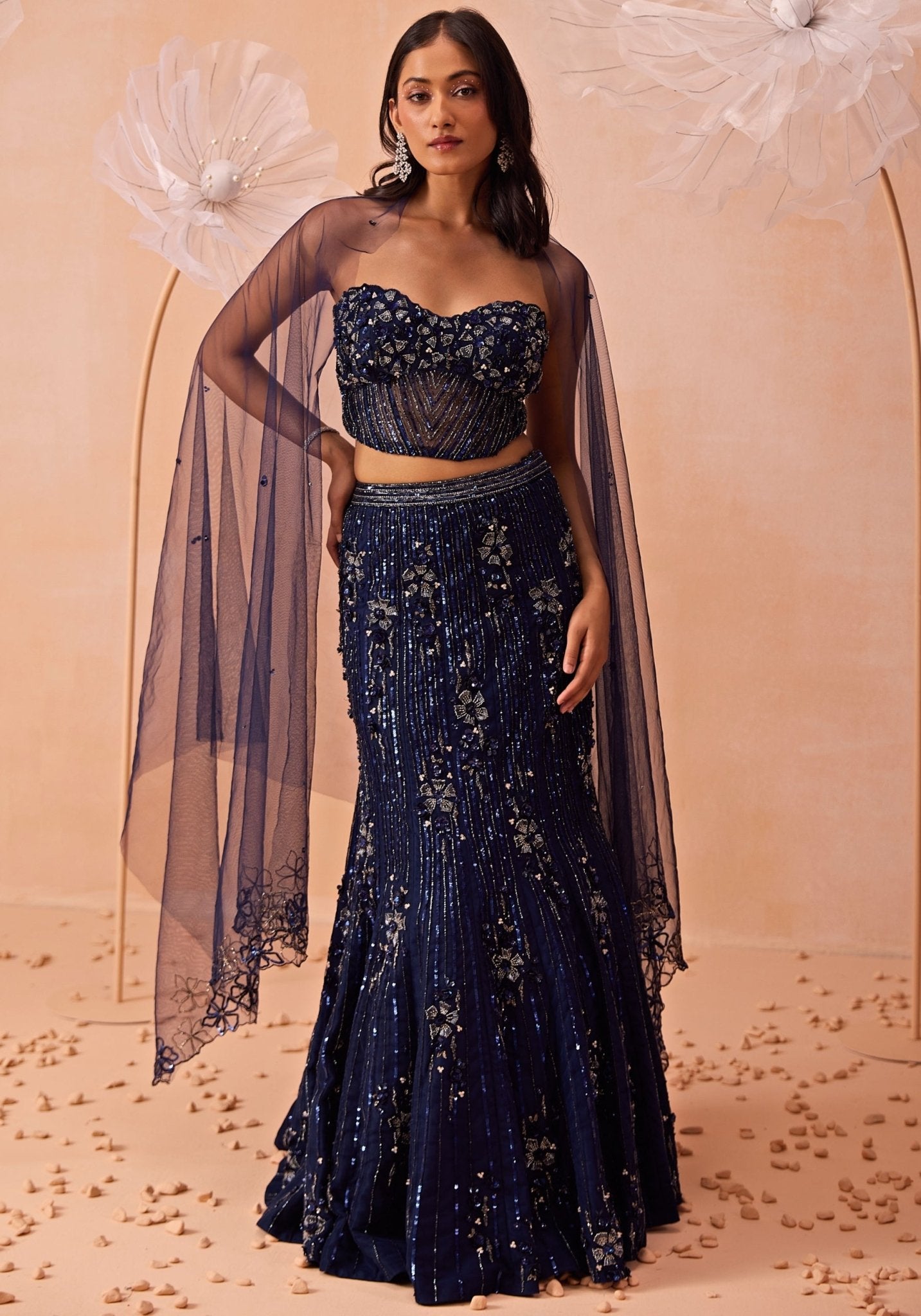 Navy Blue Embroidered Net Silk Mermaid Lehenga (3-Piece) - Image 1