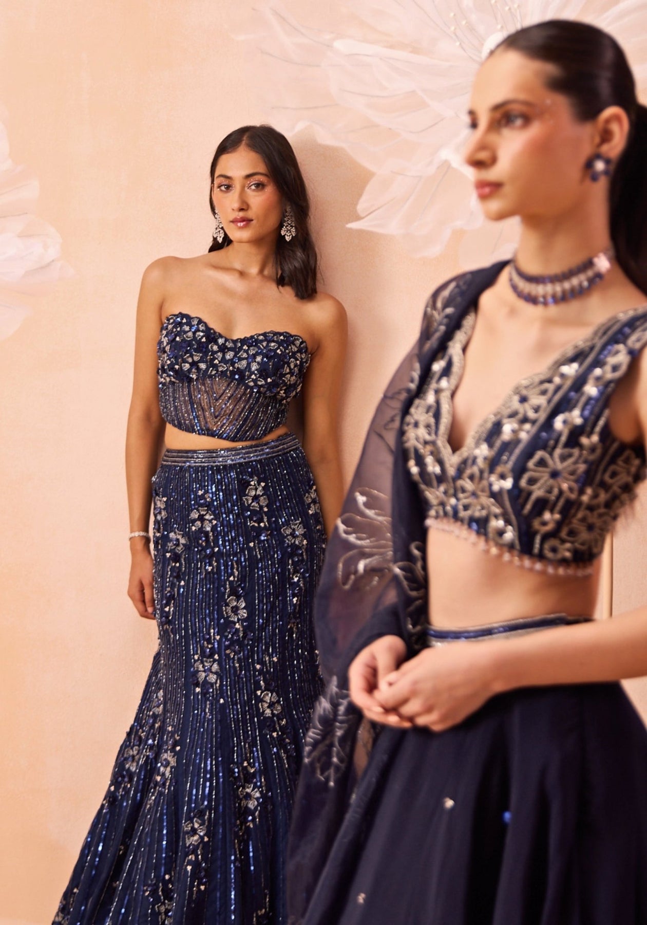Navy Blue Embroidered Net Silk Mermaid Lehenga (3-Piece) - Image 3