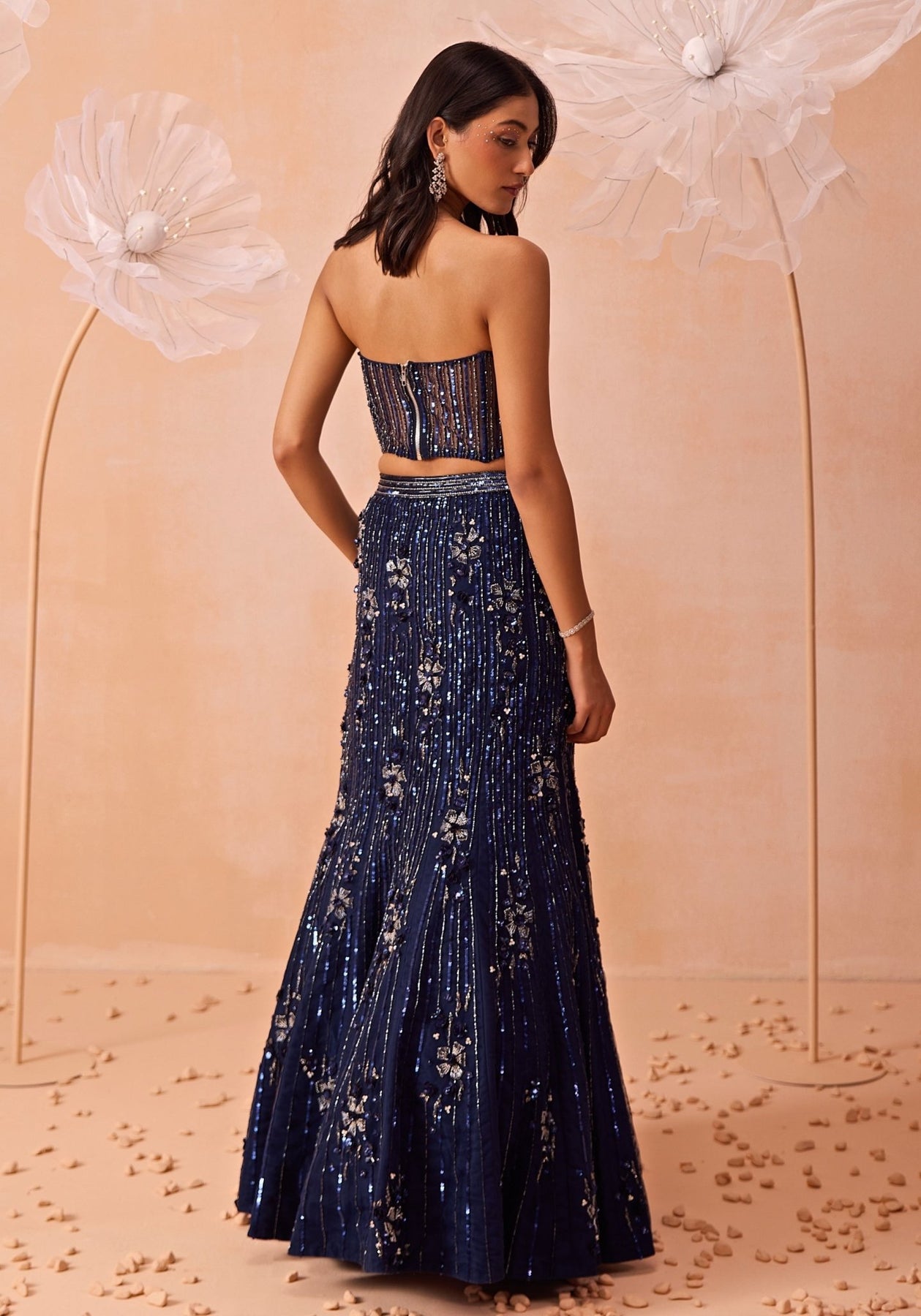 Navy Blue Embroidered Net Silk Mermaid Lehenga (3-Piece) - Image 5