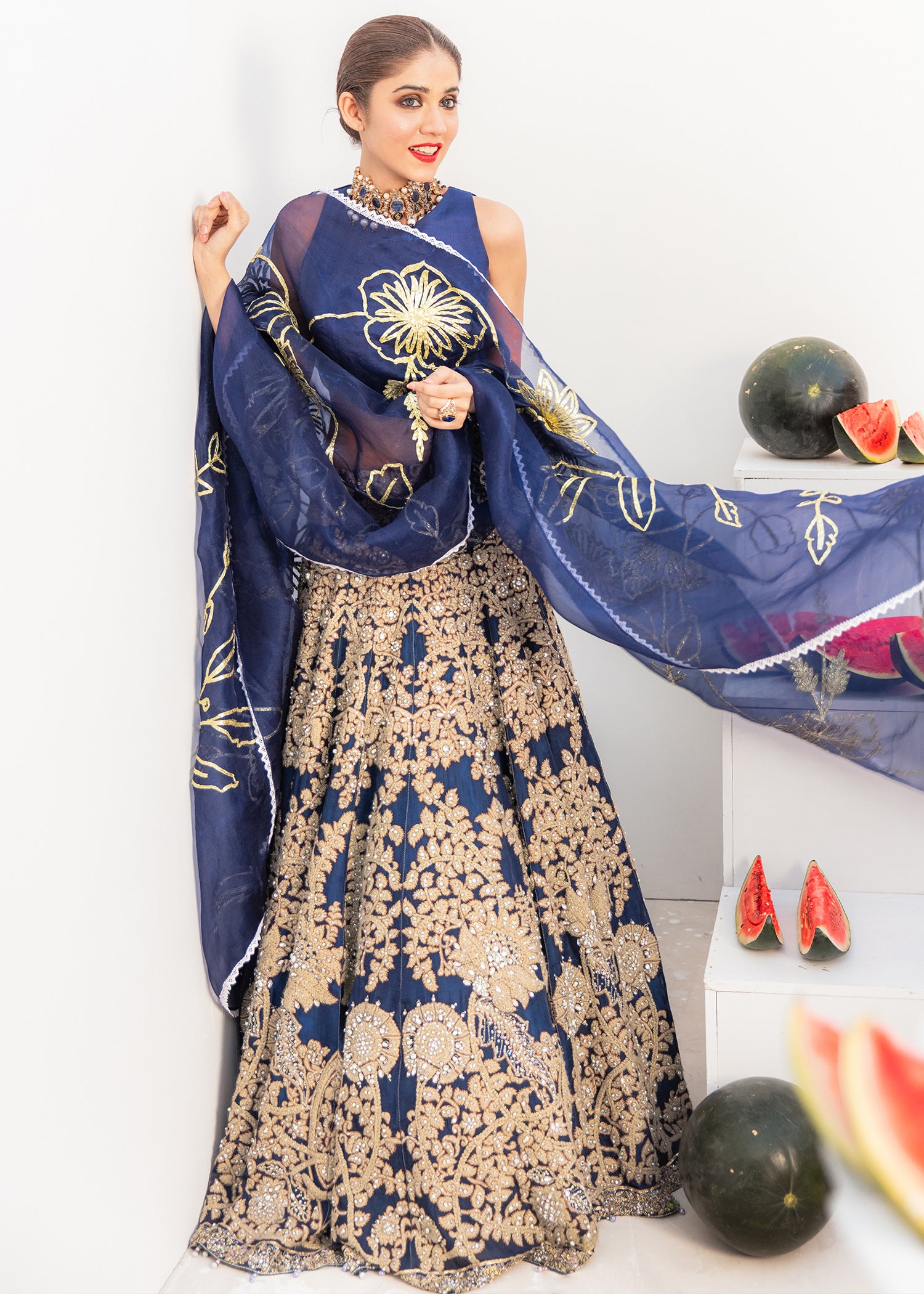 Navy Embroidered Organza Lehenga with Raw Silk Choli (3-Piece) - Image 1