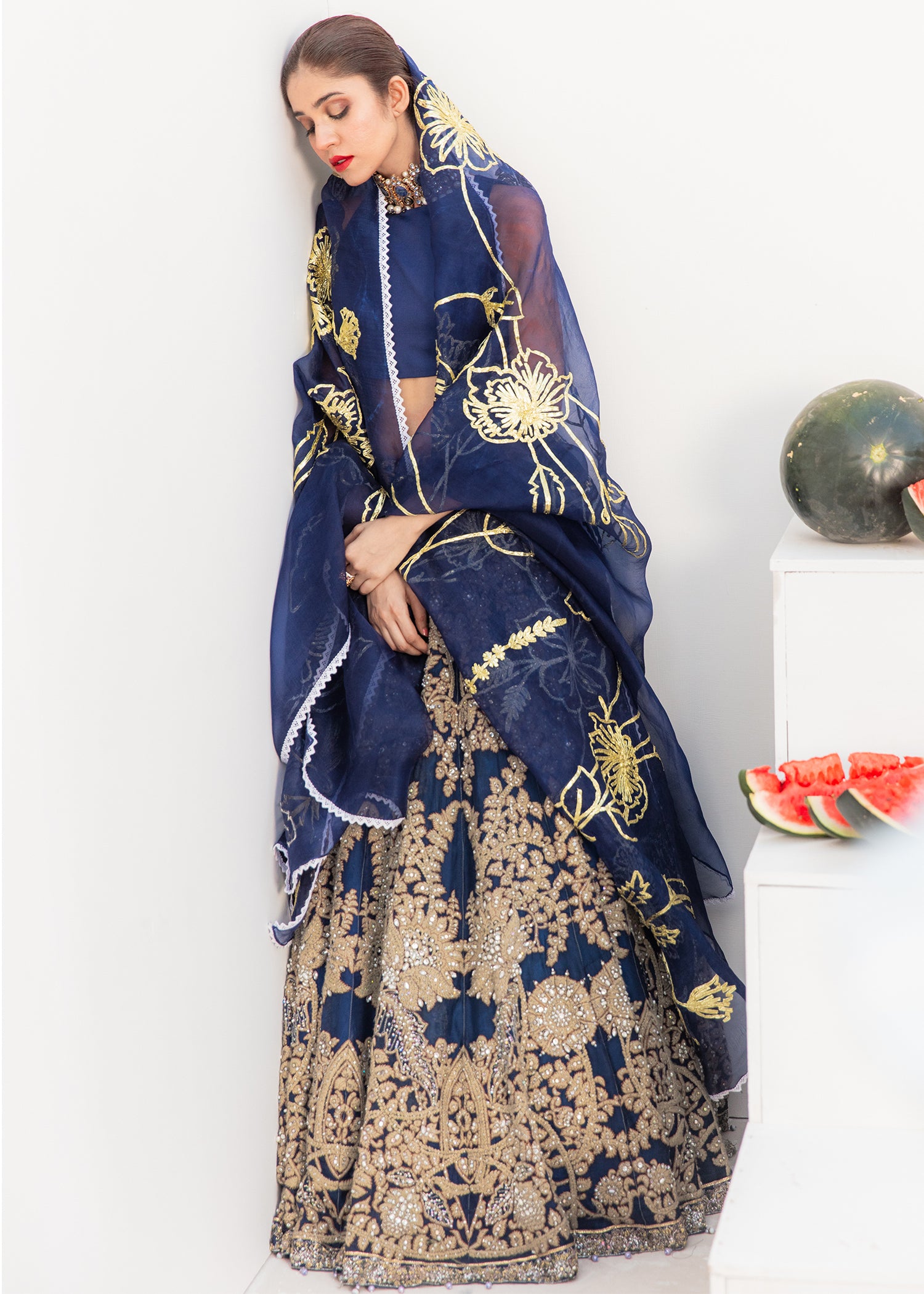 Navy Embroidered Organza Lehenga with Raw Silk Choli (3-Piece) - Image 2