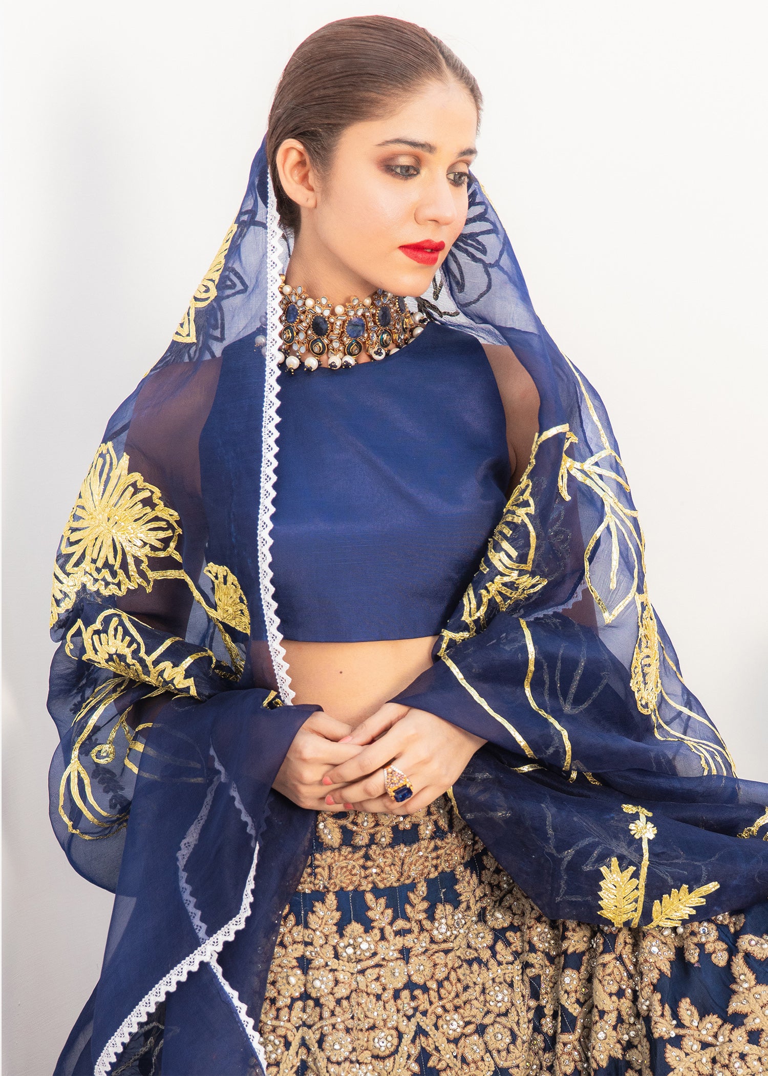 Navy Embroidered Organza Lehenga with Raw Silk Choli (3-Piece) - Image 3