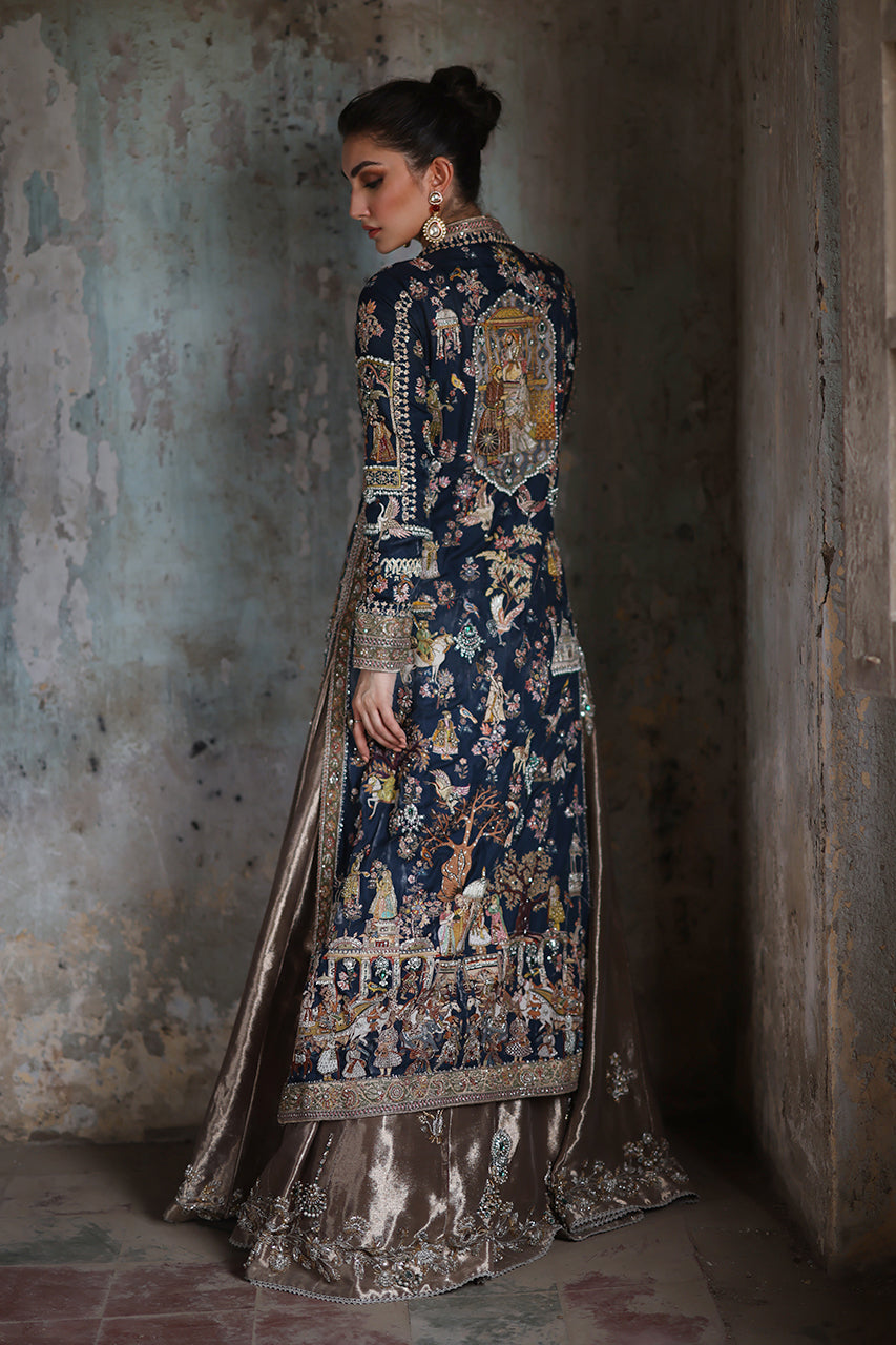 Navy Aari & Zardozi Silk Jacket with Gold Lehenga (3-Piece) - Image 2