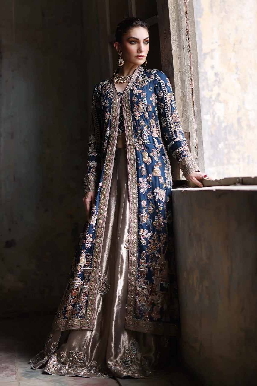 Navy Aari & Zardozi Silk Jacket with Gold Lehenga (3-Piece) - Image 3