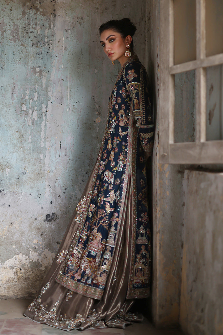 Navy Aari & Zardozi Silk Jacket with Gold Lehenga (3-Piece) - Image 4