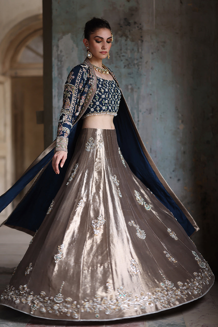 Navy Aari & Zardozi Silk Jacket with Gold Lehenga (3-Piece) - Image 5