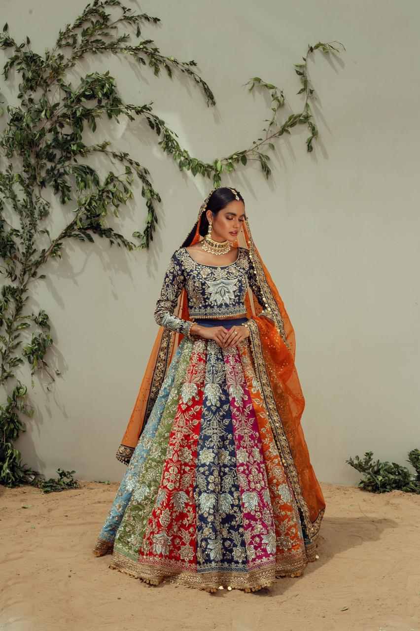 Navy Embroidered Raw Silk Lehenga (3-Piece) - Image 1