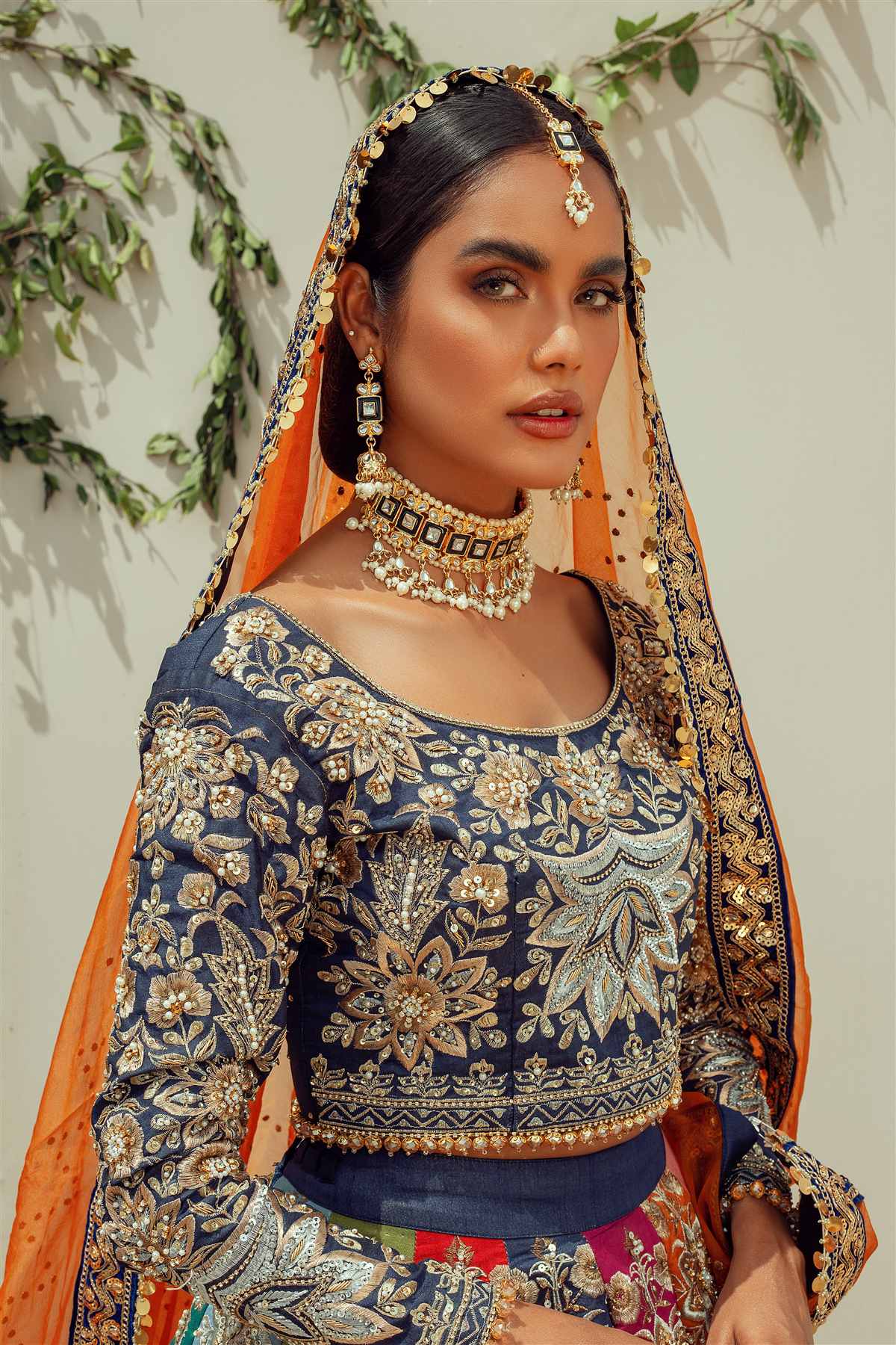 Navy Embroidered Raw Silk Lehenga (3-Piece) - Image 2