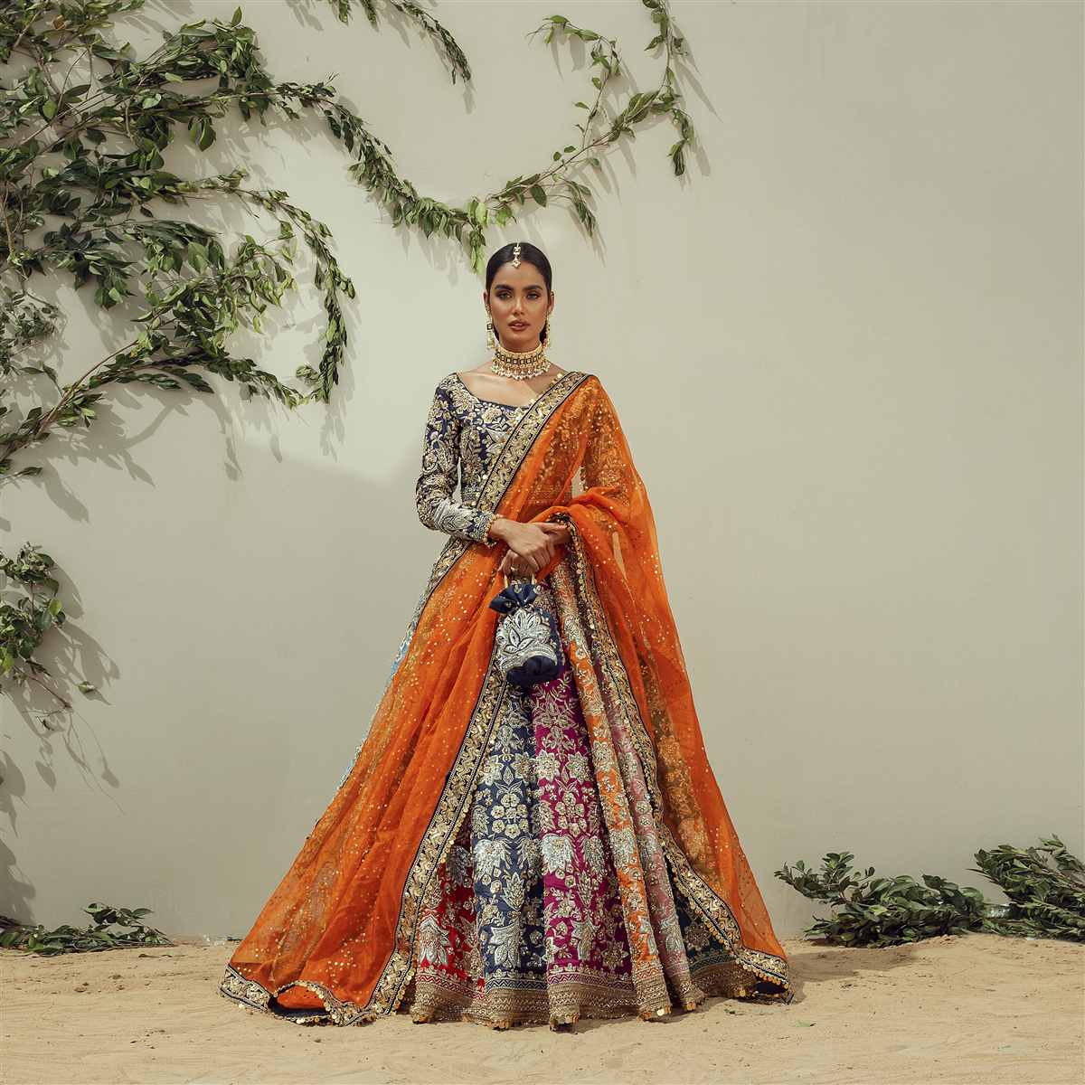 Navy Embroidered Raw Silk Lehenga (3-Piece) - Image 3