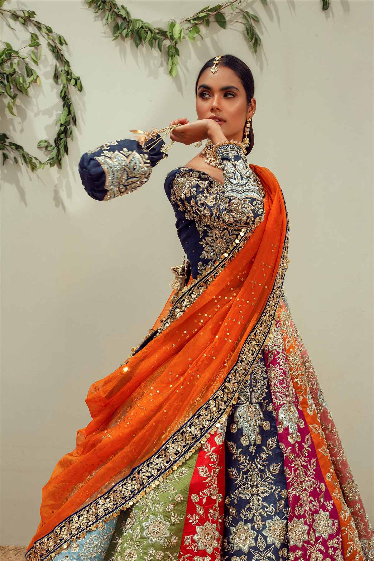 Navy Embroidered Raw Silk Lehenga (3-Piece) - Image 4