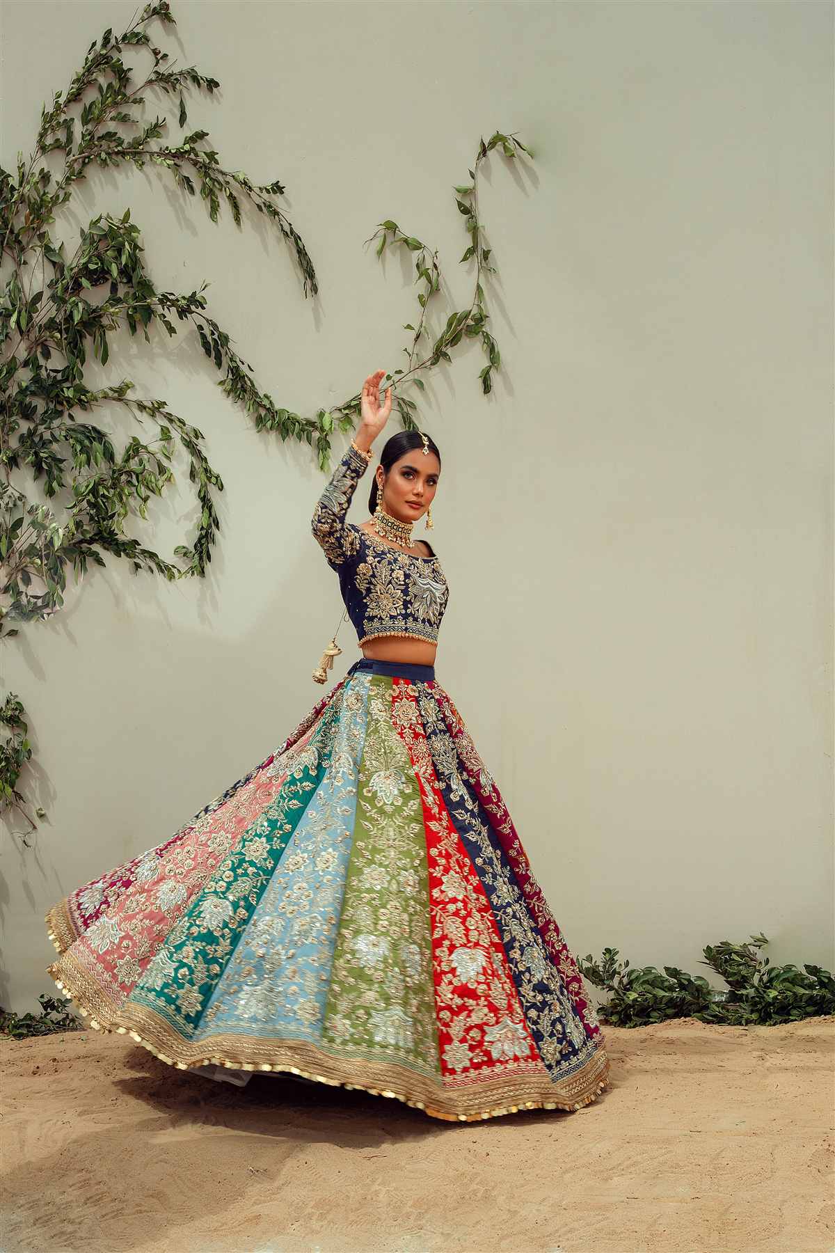 Navy Embroidered Raw Silk Lehenga (3-Piece) - Image 5