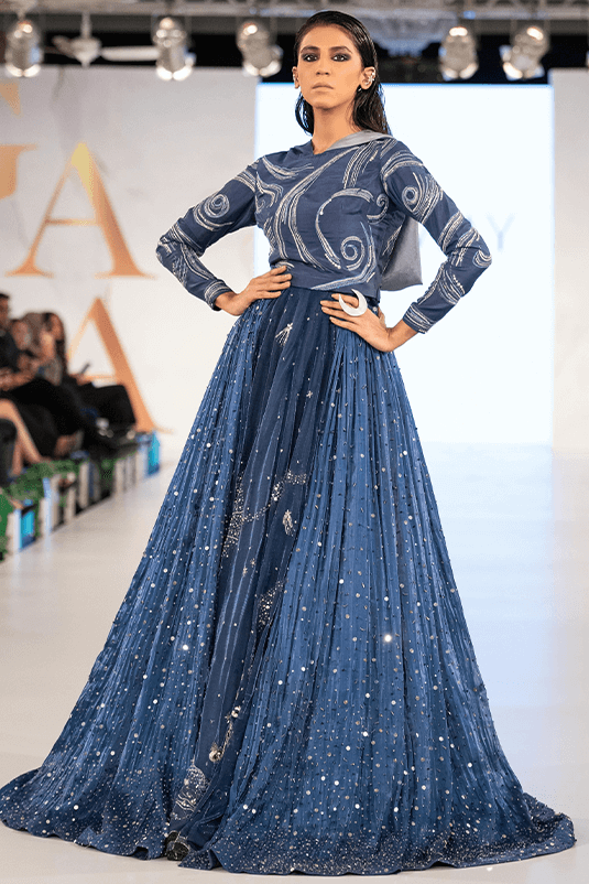 Navy Blue Embroidered Raw Silk & Moonlight Lehenga (2-Piece) - Image 1